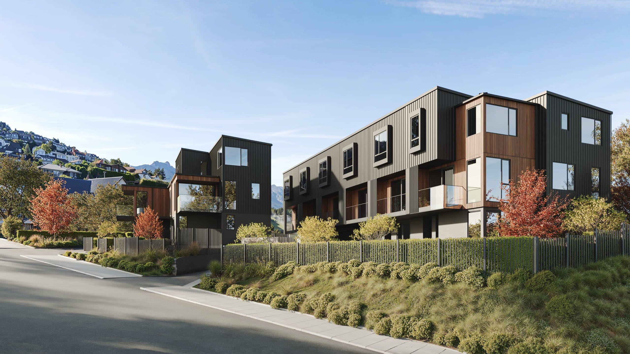 Photorealistic render of the York Street residences stepping along the street behind native planting and autumn trees