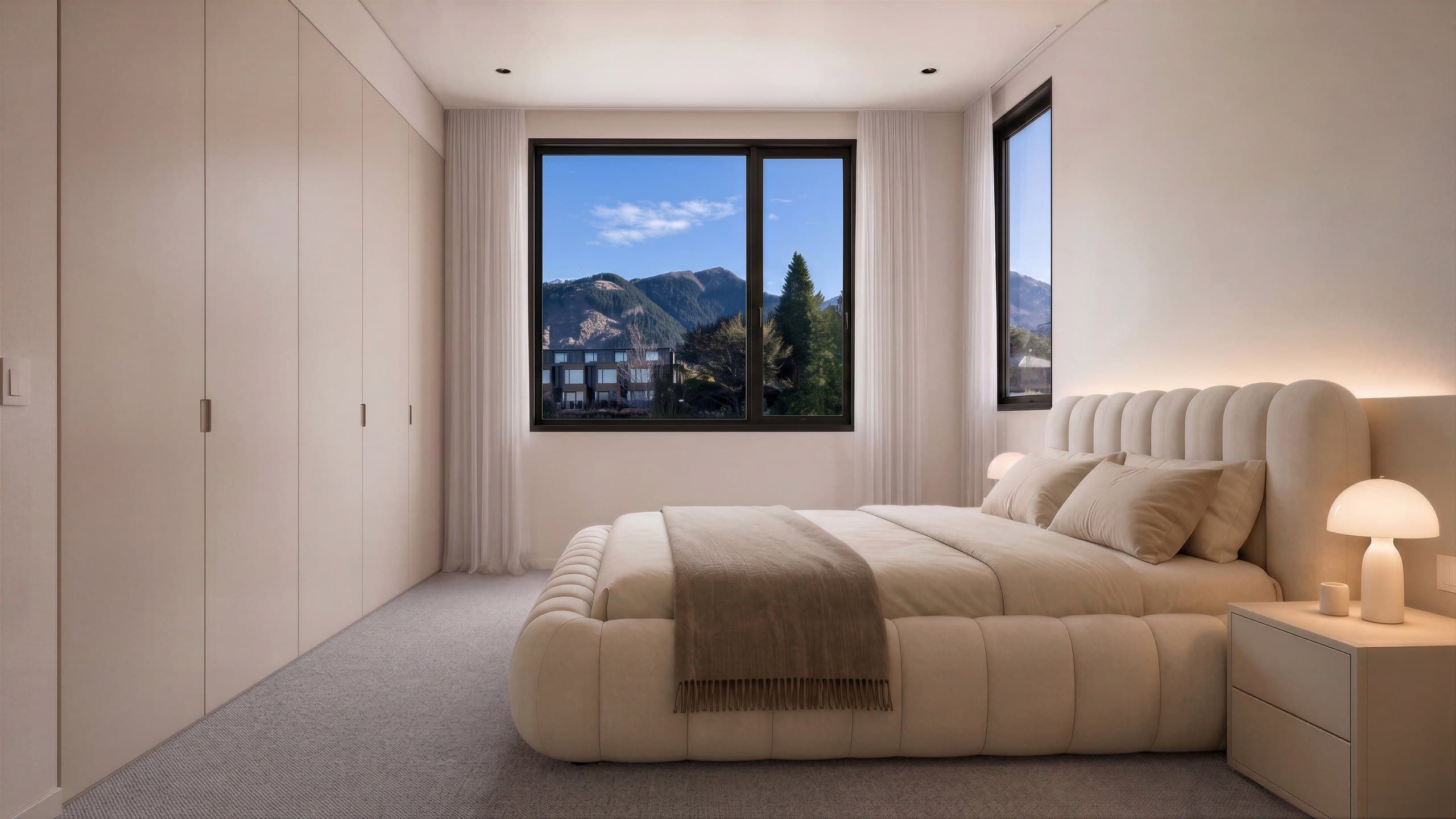 Photorealistic render of a Unit 1 bedroom at York Street with built-in wardrobes and a mountain outlook