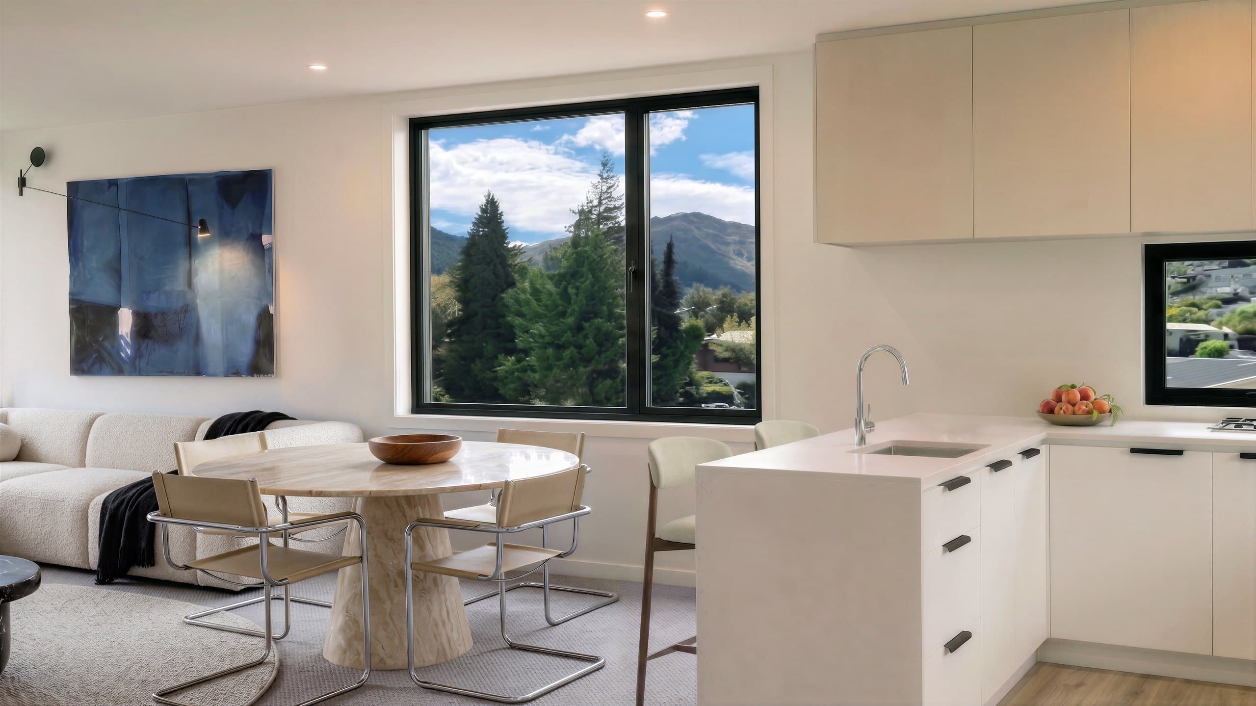 Photorealistic render of the Unit 1 kitchen and round dining table at York Street with a window to the trees