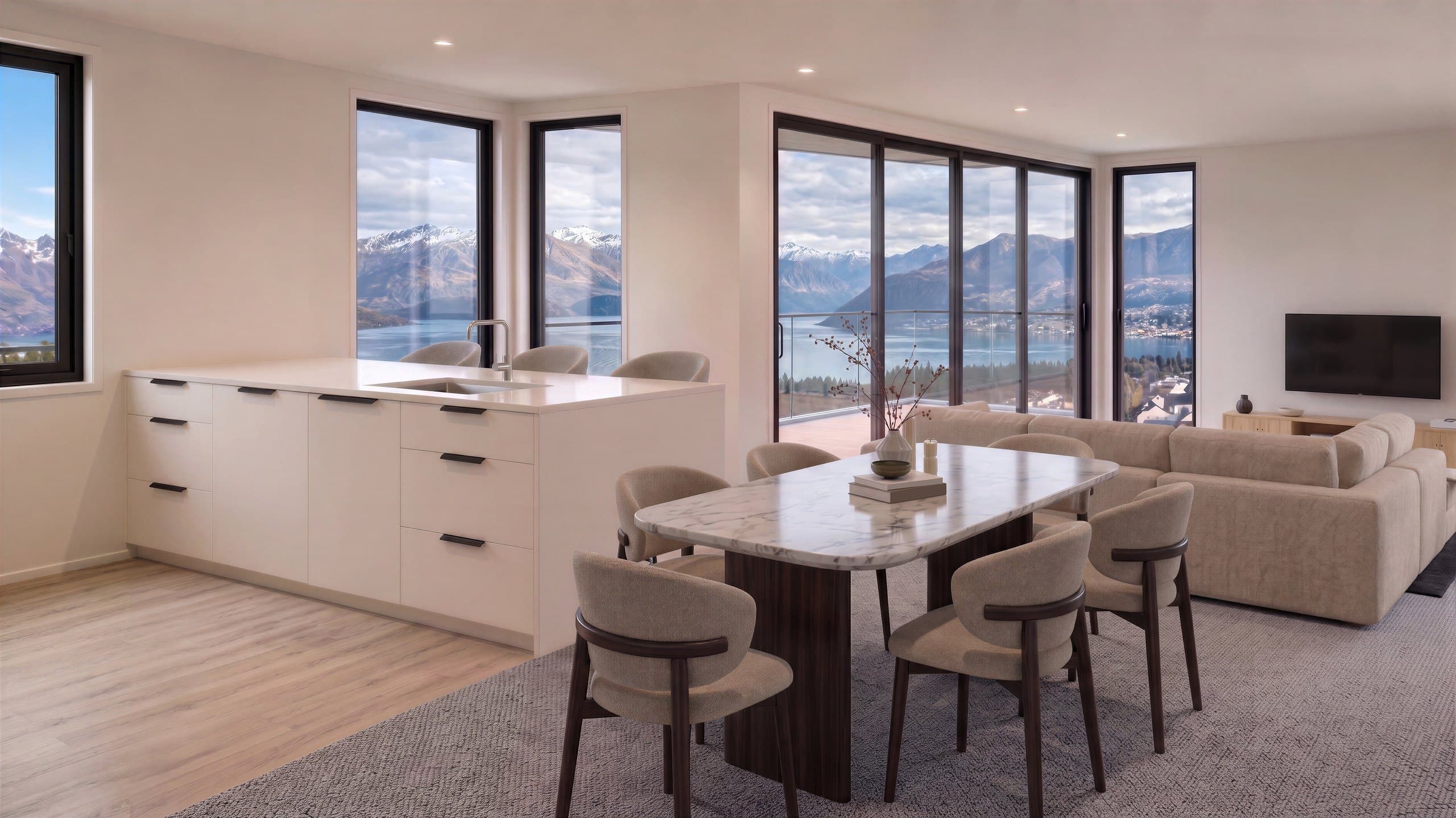 Photorealistic render of the Unit 2 kitchen and dining table at York Street with lake and mountain views