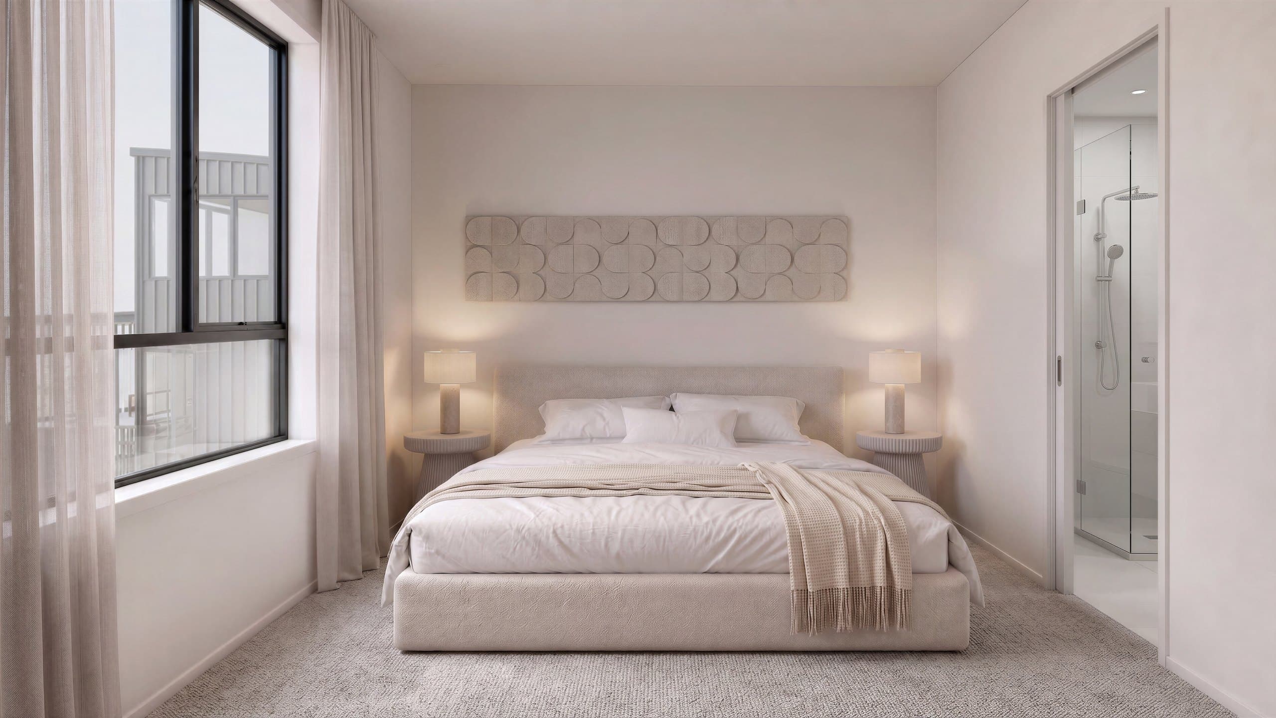 Photorealistic render of a Unit 7 bedroom at York Street opening to an ensuite