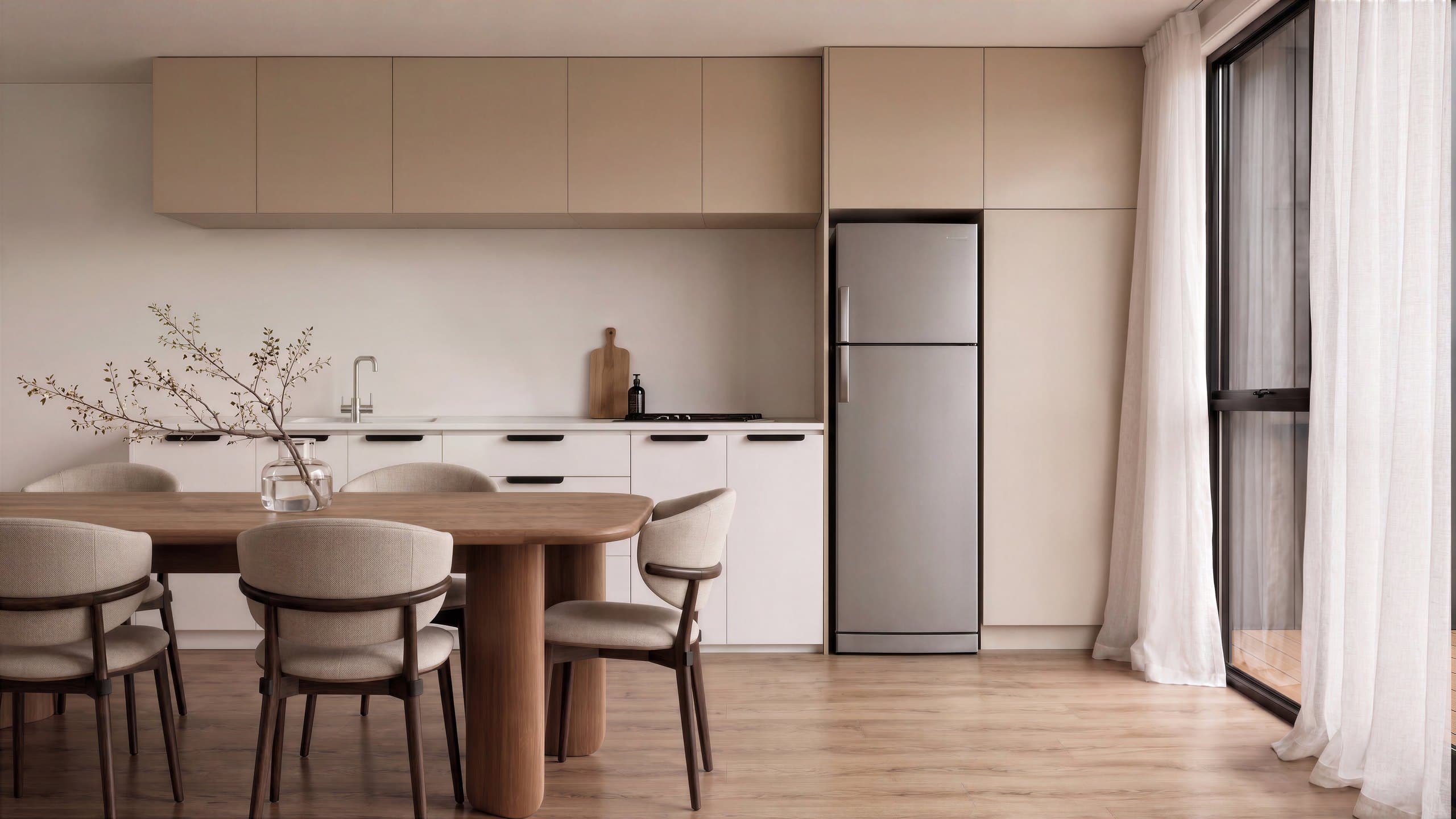 Photorealistic render of the Unit 7 kitchen at York Street with a timber dining table and stainless fridge