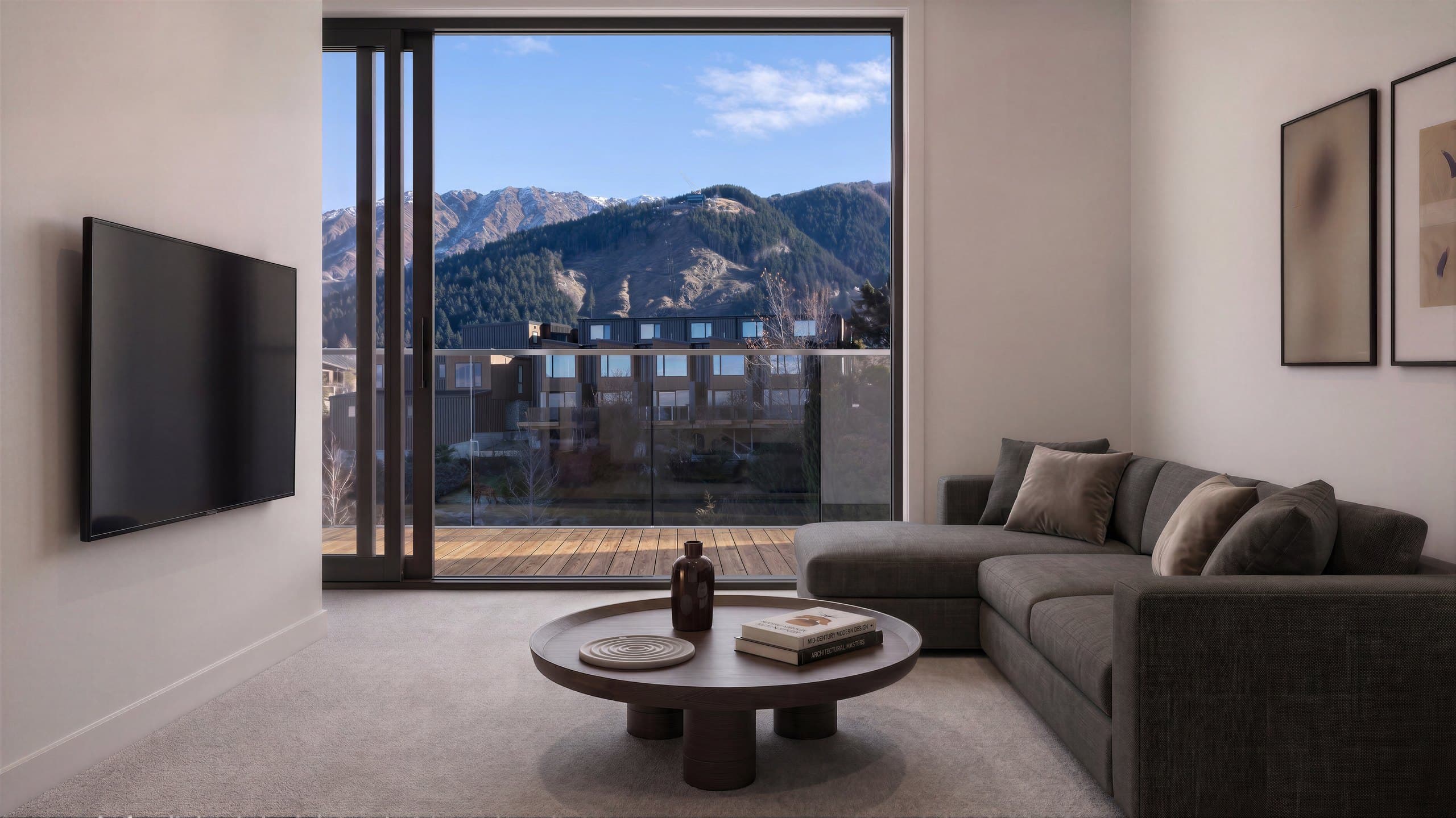Photorealistic render of the Unit 7 living room at York Street with a grey sofa and doors to a deck