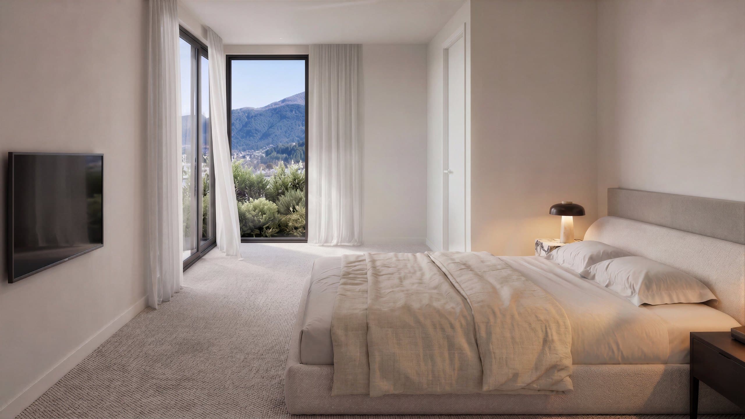 Photorealistic render of the ground-floor dual-key bedroom suite in Unit 8 at York Street