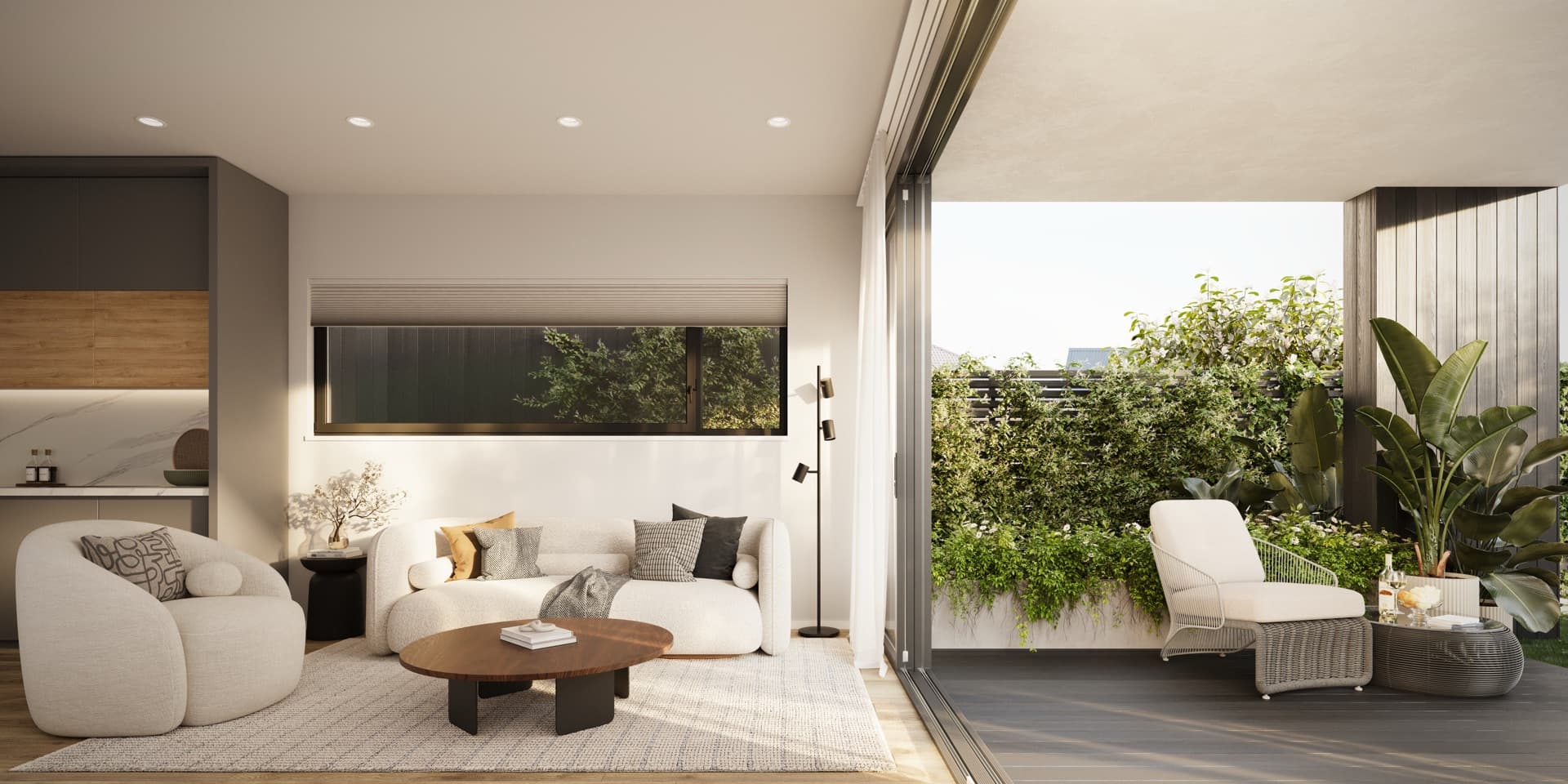 Bay Living interior render with people
