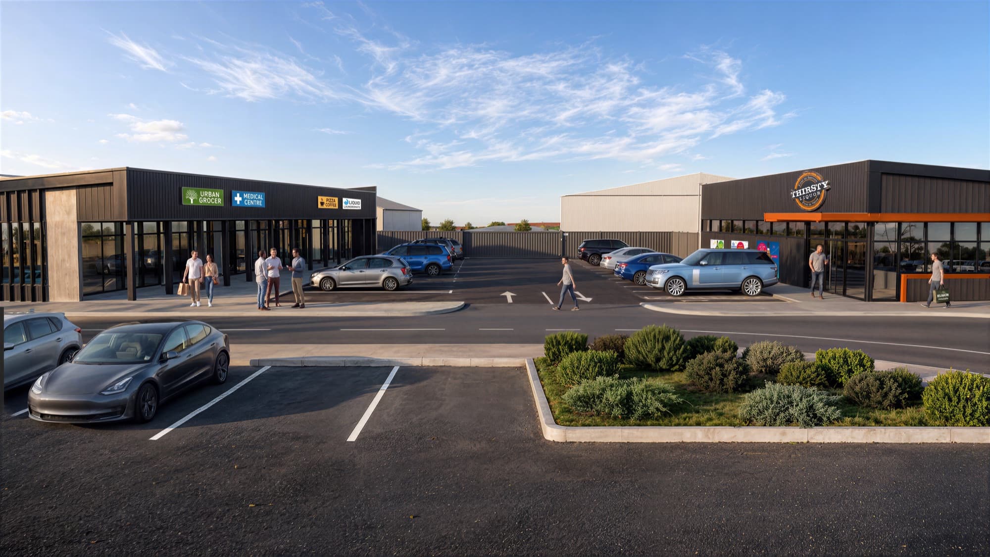 Exterior render of the Flaxmere retail development and its landscaped car park in Hastings