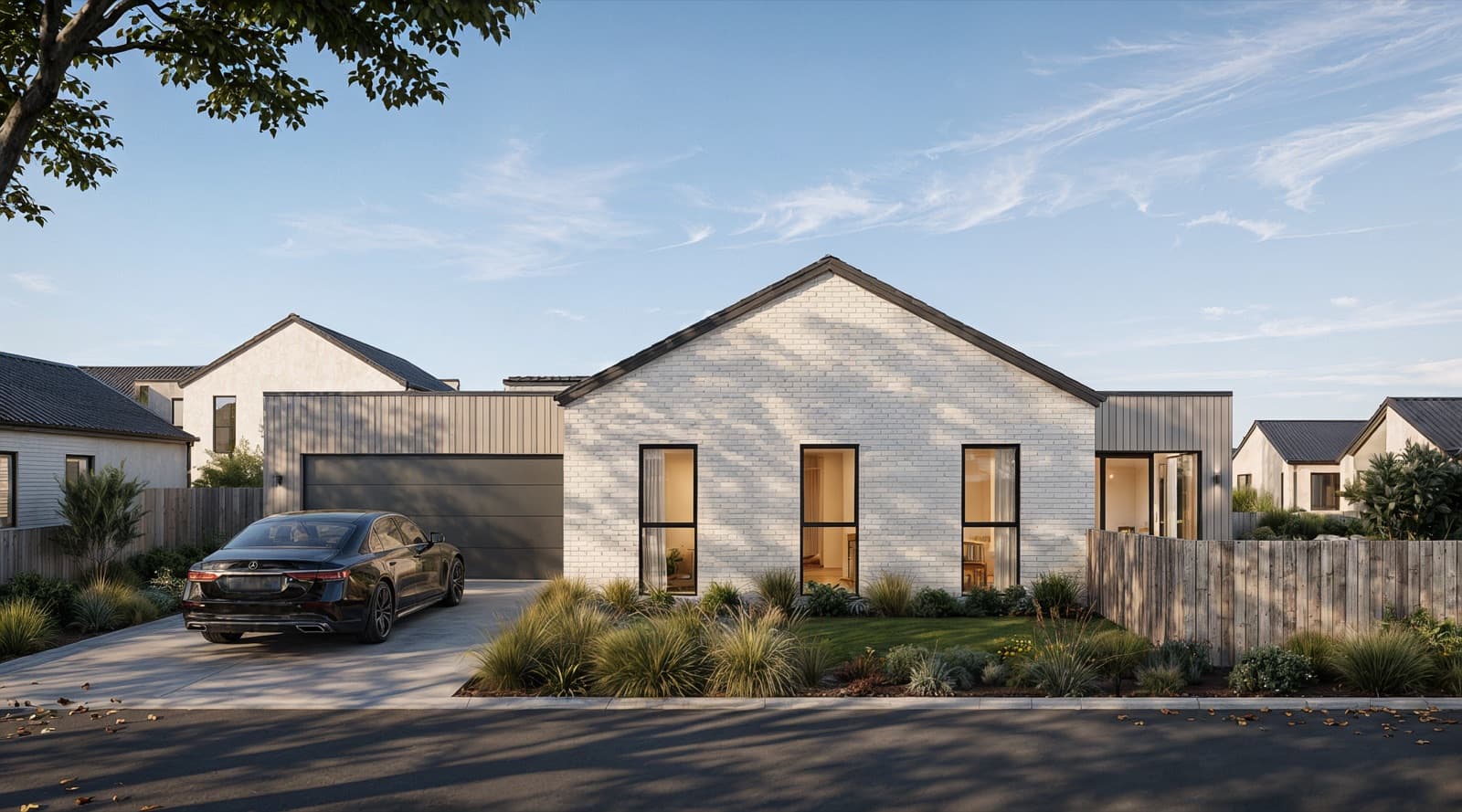Architectural render of a white-brick and timber home at The Horsham Residences, Rototuna North, Hamilton, by Render Works