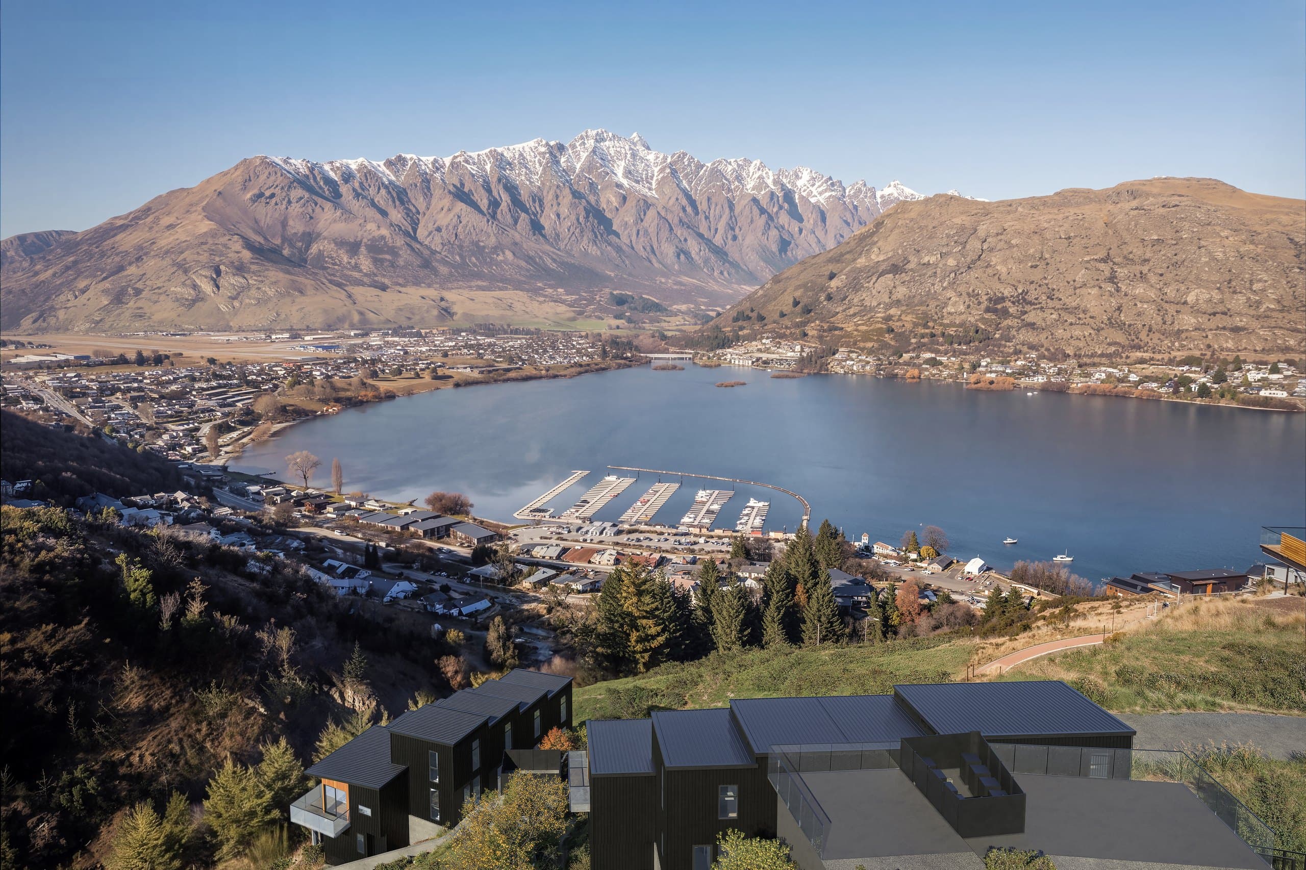 Photorealistic aerial render of the Middleton homes above Lake Whakatipu and The Remarkables by Render Works