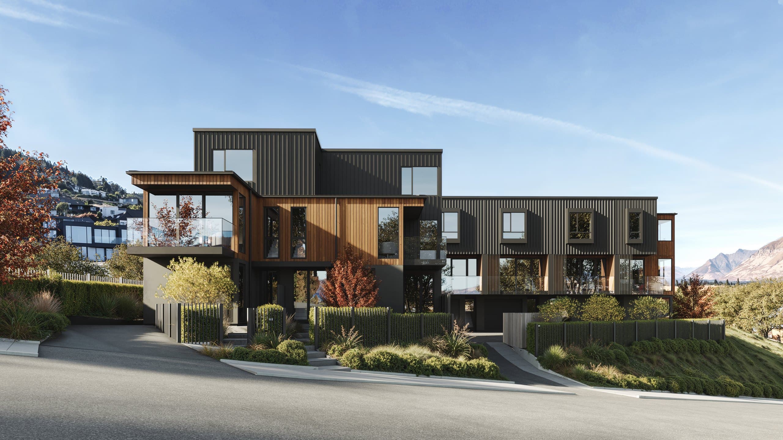 Photorealistic street render of the York Street residences in Queenstown, clad in dark metal and warm timber, by Render Works