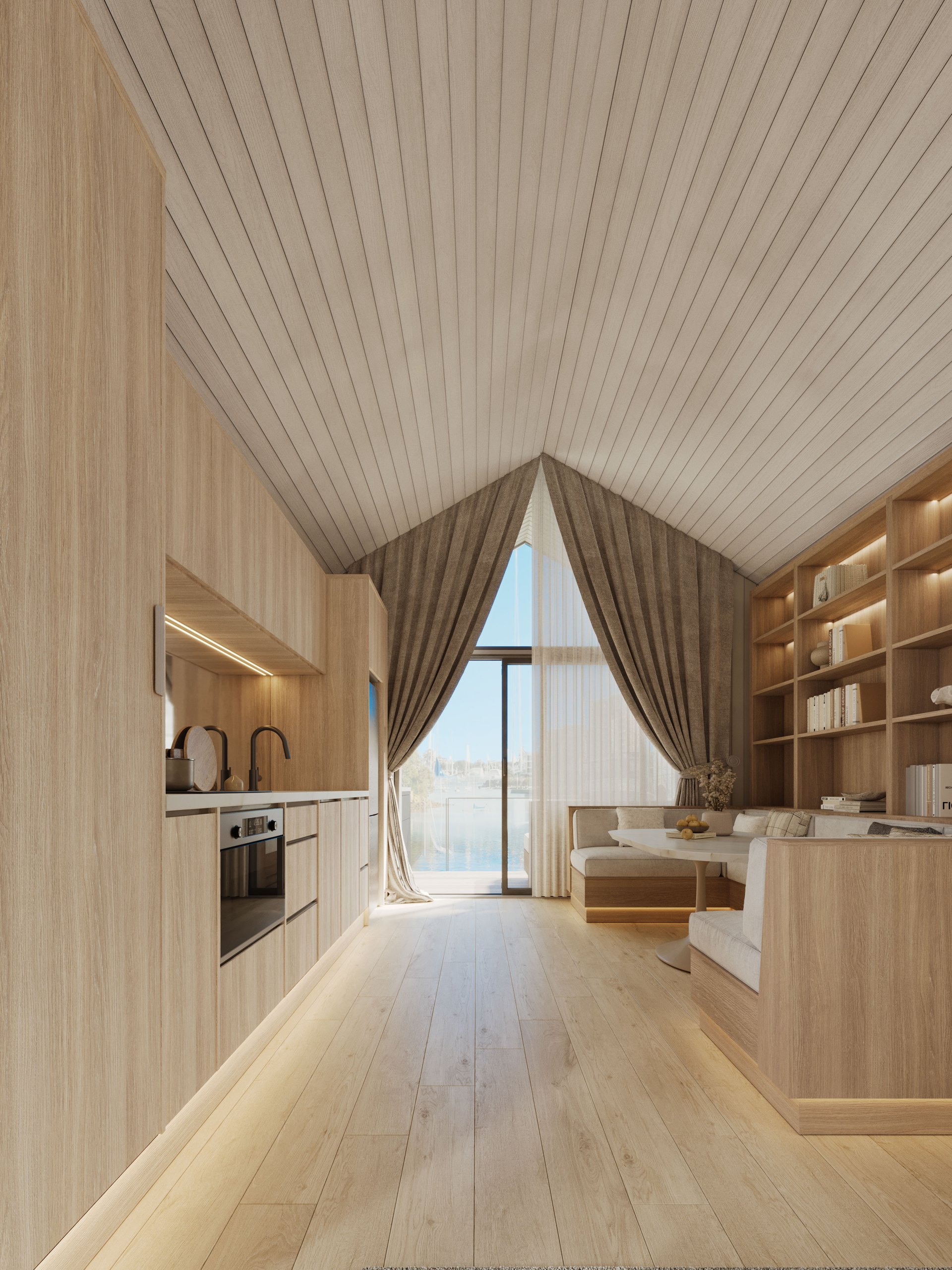 Photorealistic open-plan studio interior render with timber lining and full-height marina glazing by Render Works