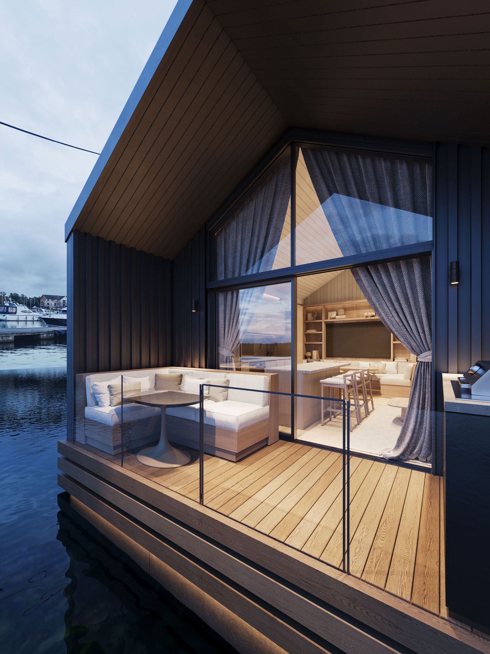 Photorealistic evening render of the two-bedroom Boathouse Residence deck glowing above the marina water by Render Works