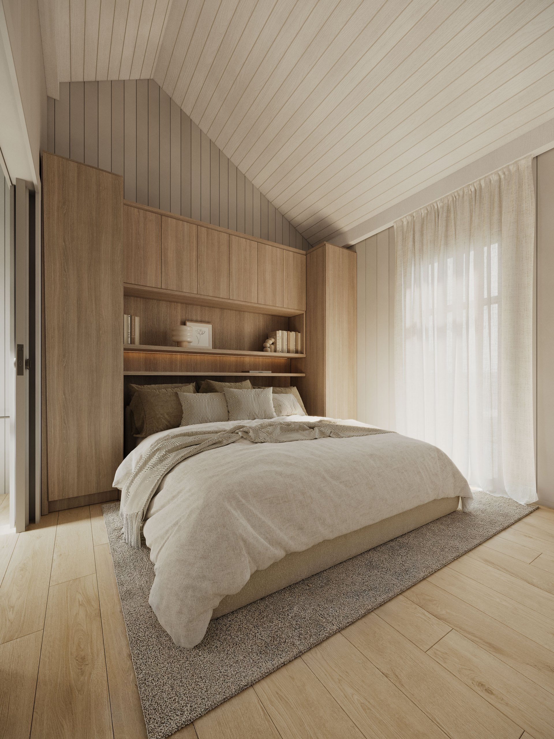 Photorealistic main bedroom render in the two-bedroom Boathouse Residence with warm timber interior by Render Works
