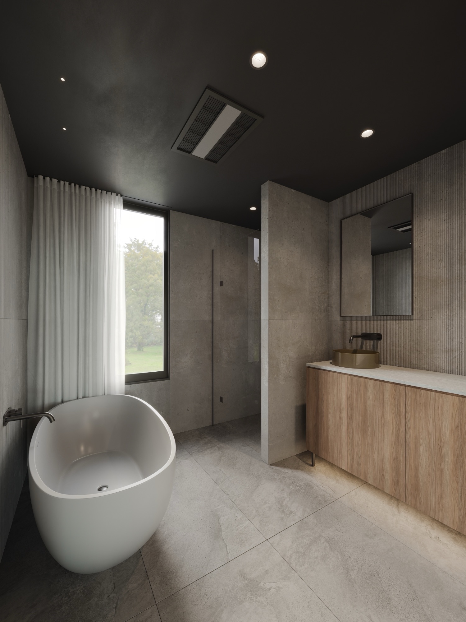 Photorealistic render of a Browns Road bathroom with freestanding bath and timber vanity by Render Works