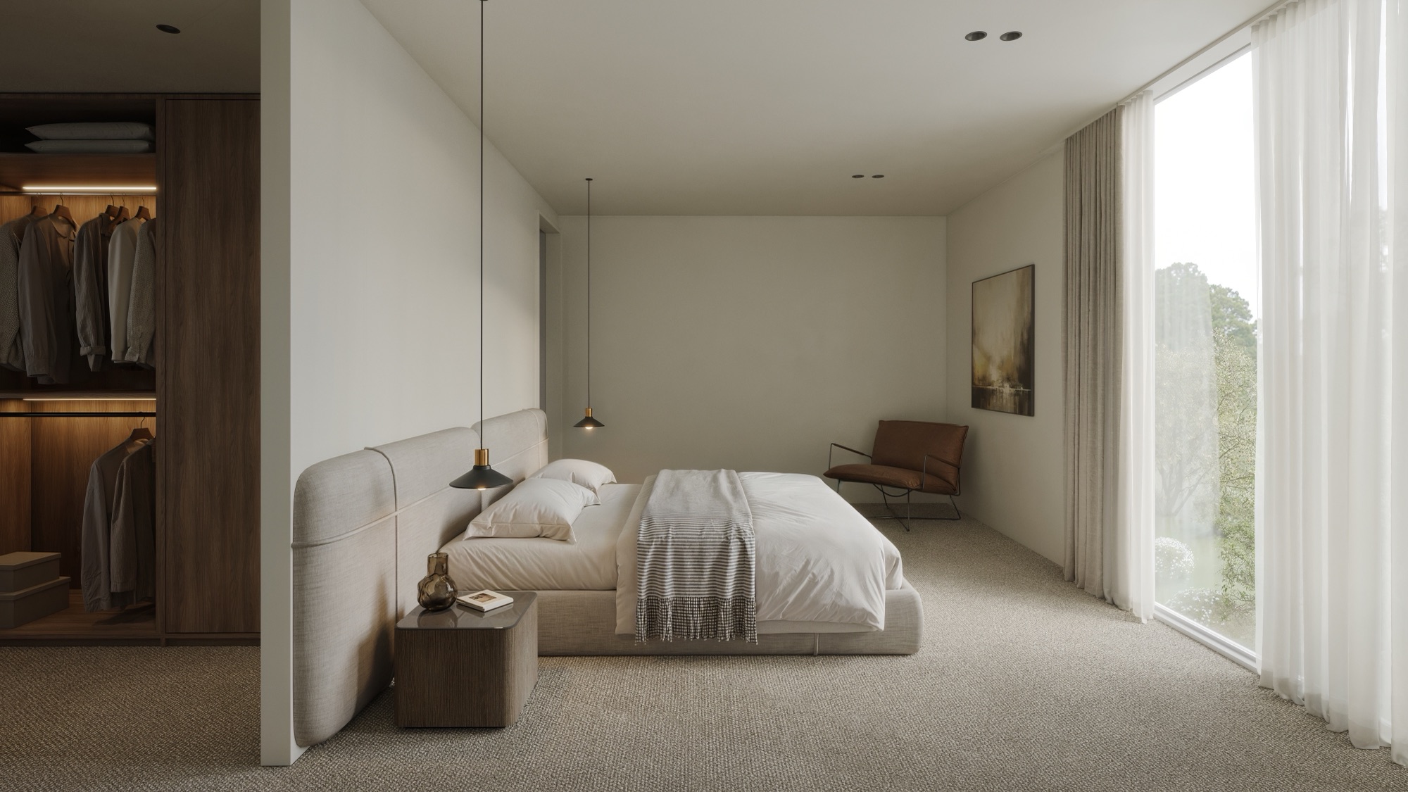 Photorealistic render of the Browns Road main bedroom with walk-in wardrobe and leather chair by Render Works