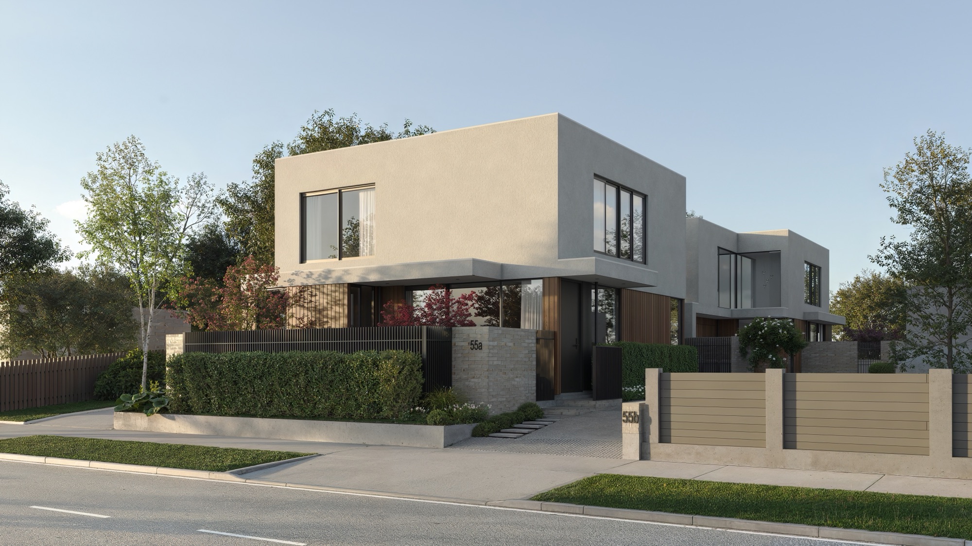 Photorealistic exterior render of the two-storey Browns Road homes in Merivale behind a hedge and slatted fence by Render Works