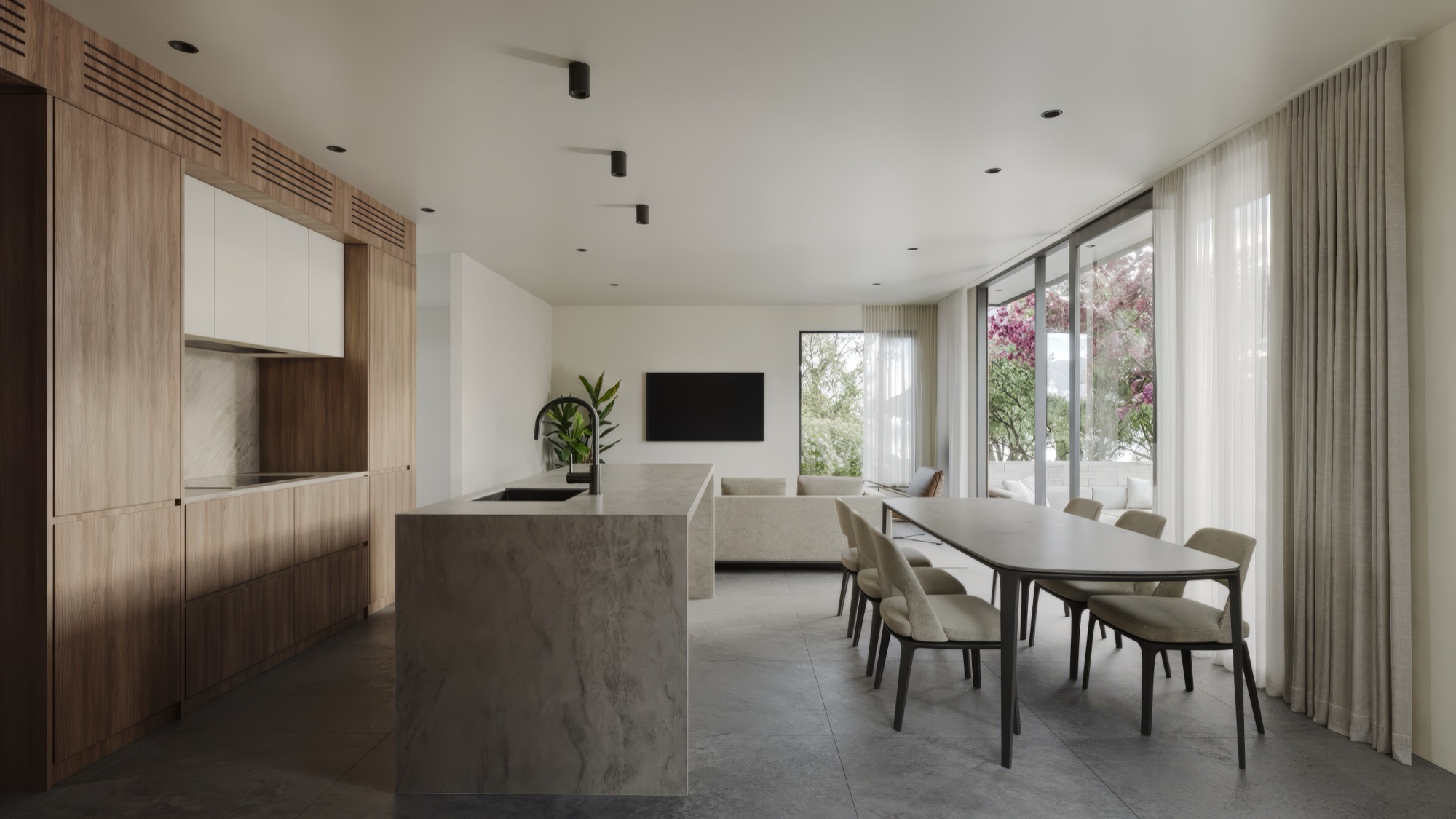 Photorealistic render of the Browns Road kitchen with timber joinery, stone island and long dining table by Render Works