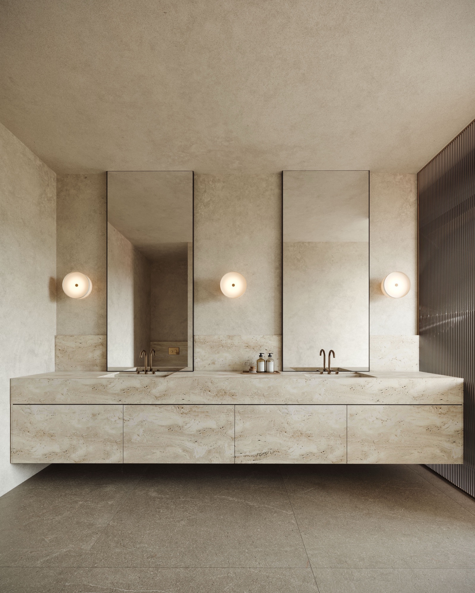Photorealistic render of a Drake Street travertine bathroom by Render Works