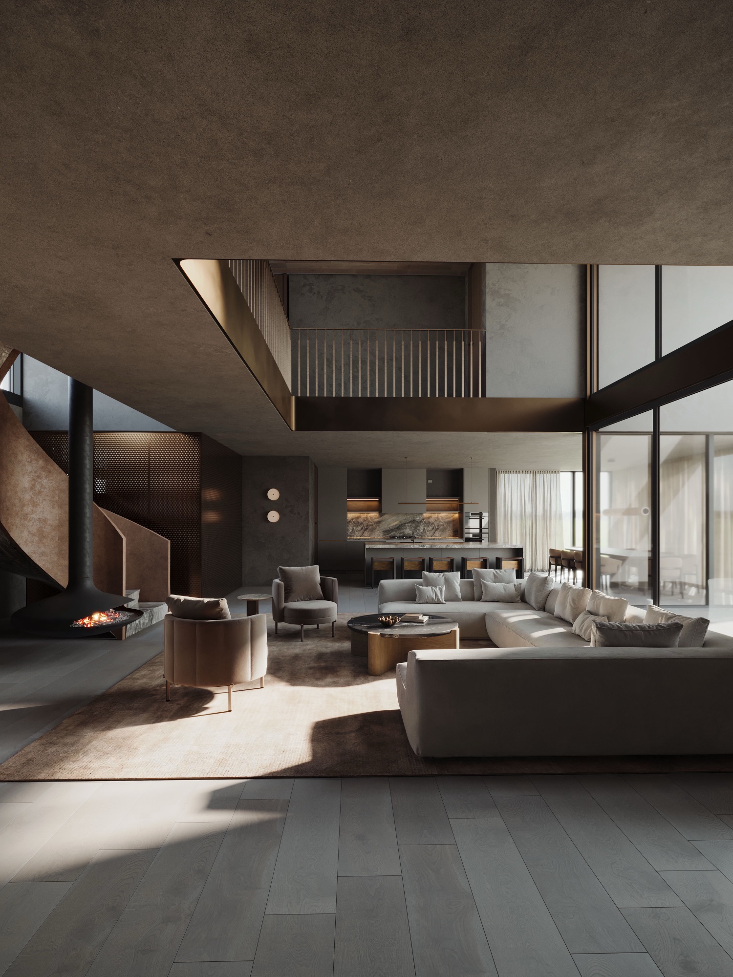 Photorealistic render of the Drake Street double-height living space with suspended fireplace by Render Works