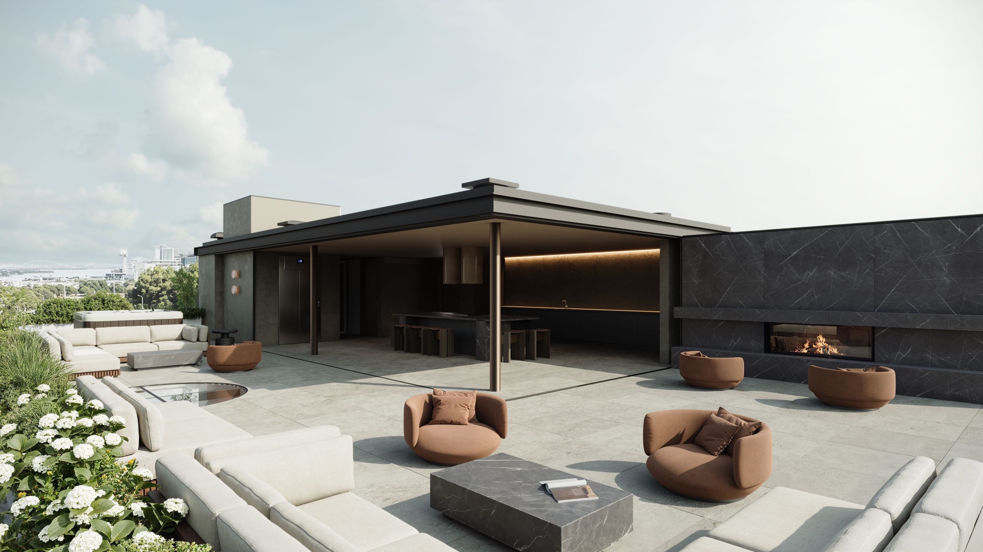 Photorealistic render of a Drake Street level 5 terrace with Auckland city views by Render Works