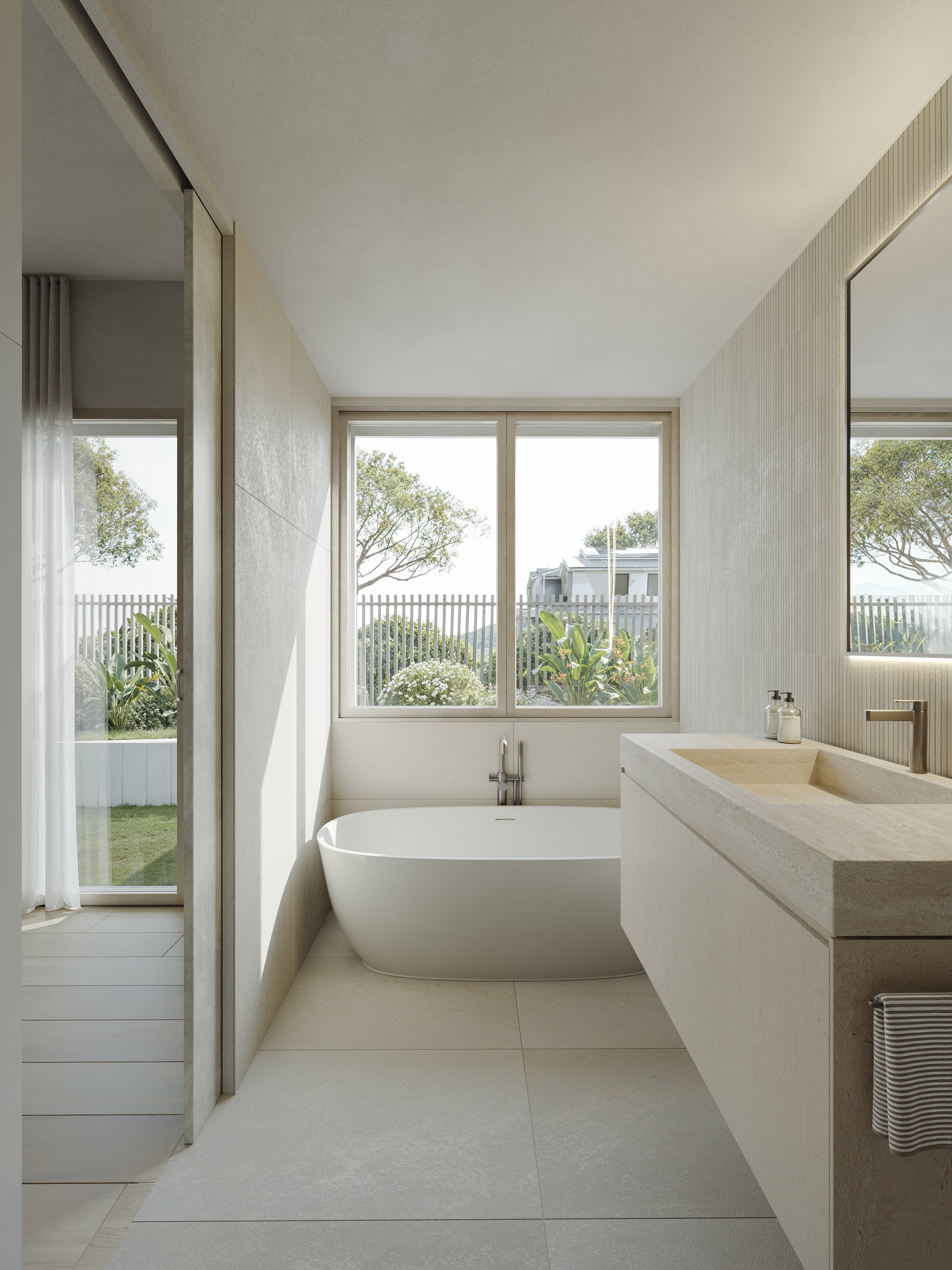 Photorealistic bathroom render for Dudley Avenue showing stone finishes and warm timber joinery by Render Works