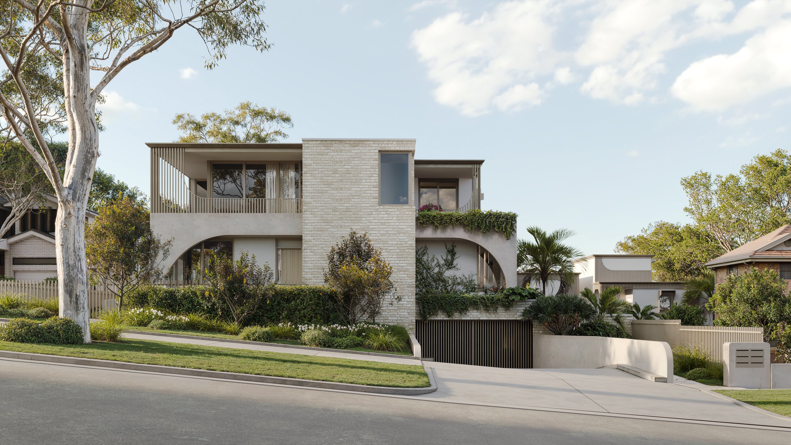 Photorealistic street render of the Dudley Avenue homes in Caringbah with light masonry, curved openings and landscaped frontage by Render Works