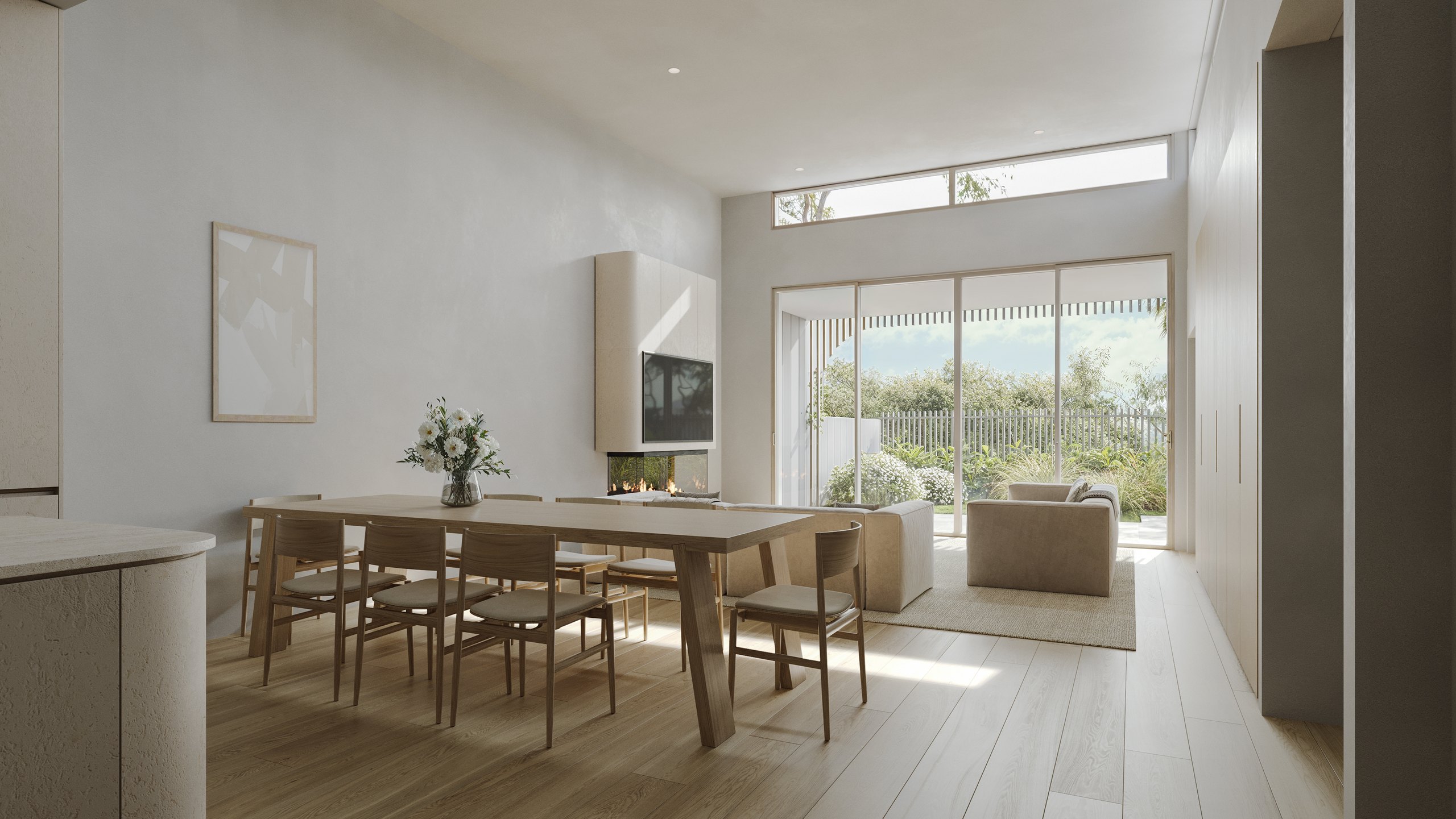 Photorealistic open-plan living and dining render for Dudley Avenue with full-height garden glazing by Render Works