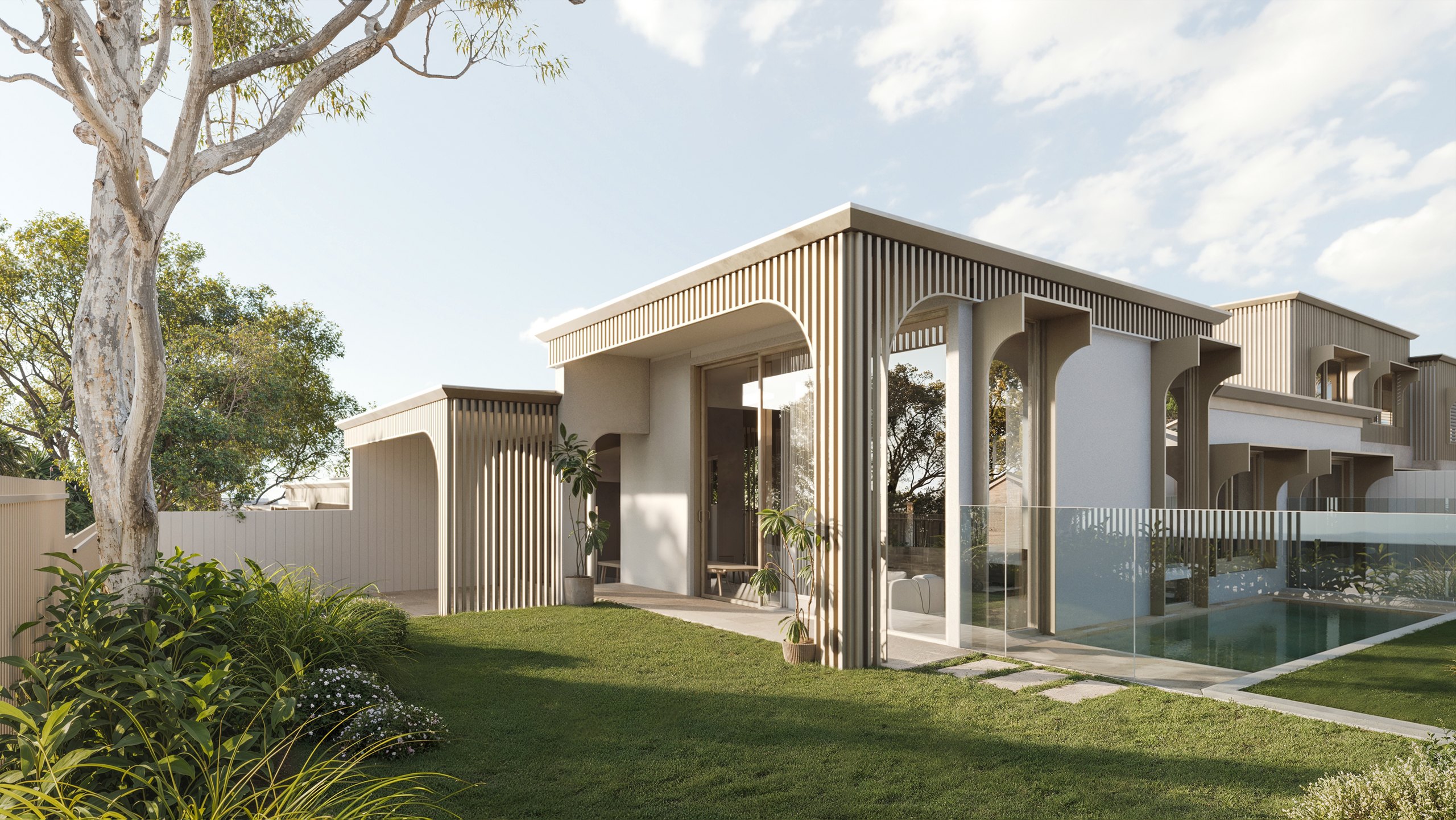 Photorealistic courtyard render of the Dudley Avenue development showing the private pool, glazing and layered planting by Render Works