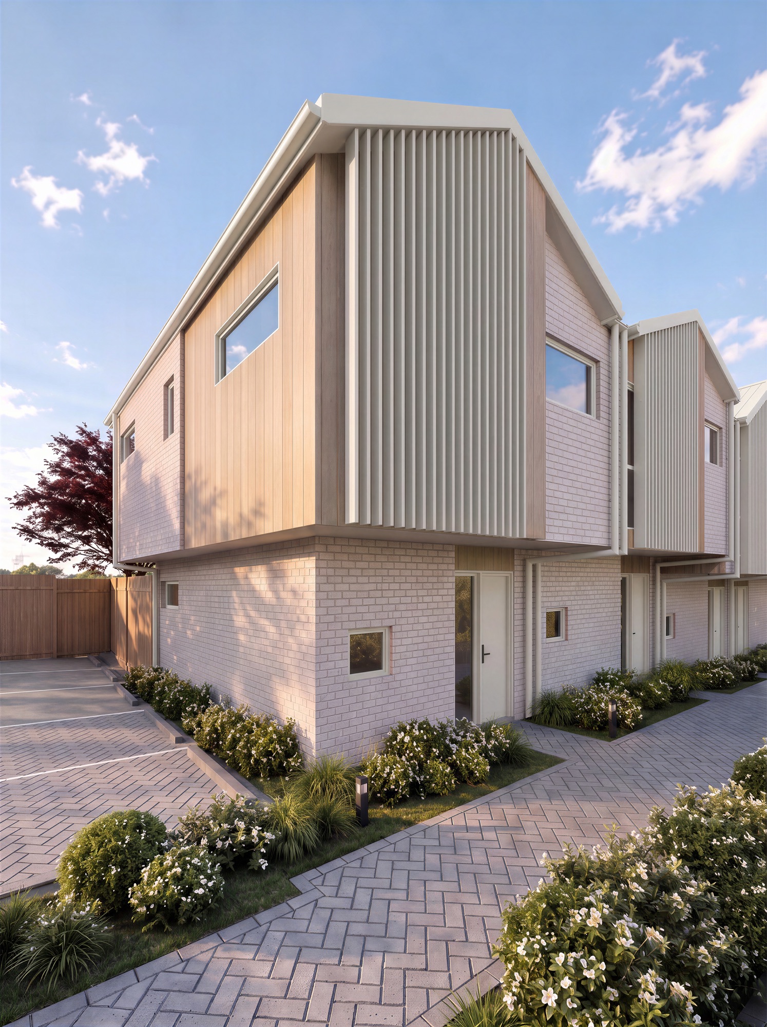 Photorealistic render of the corner of the rear Heatherbank townhouse row with herringbone paved path and parking by Render Works