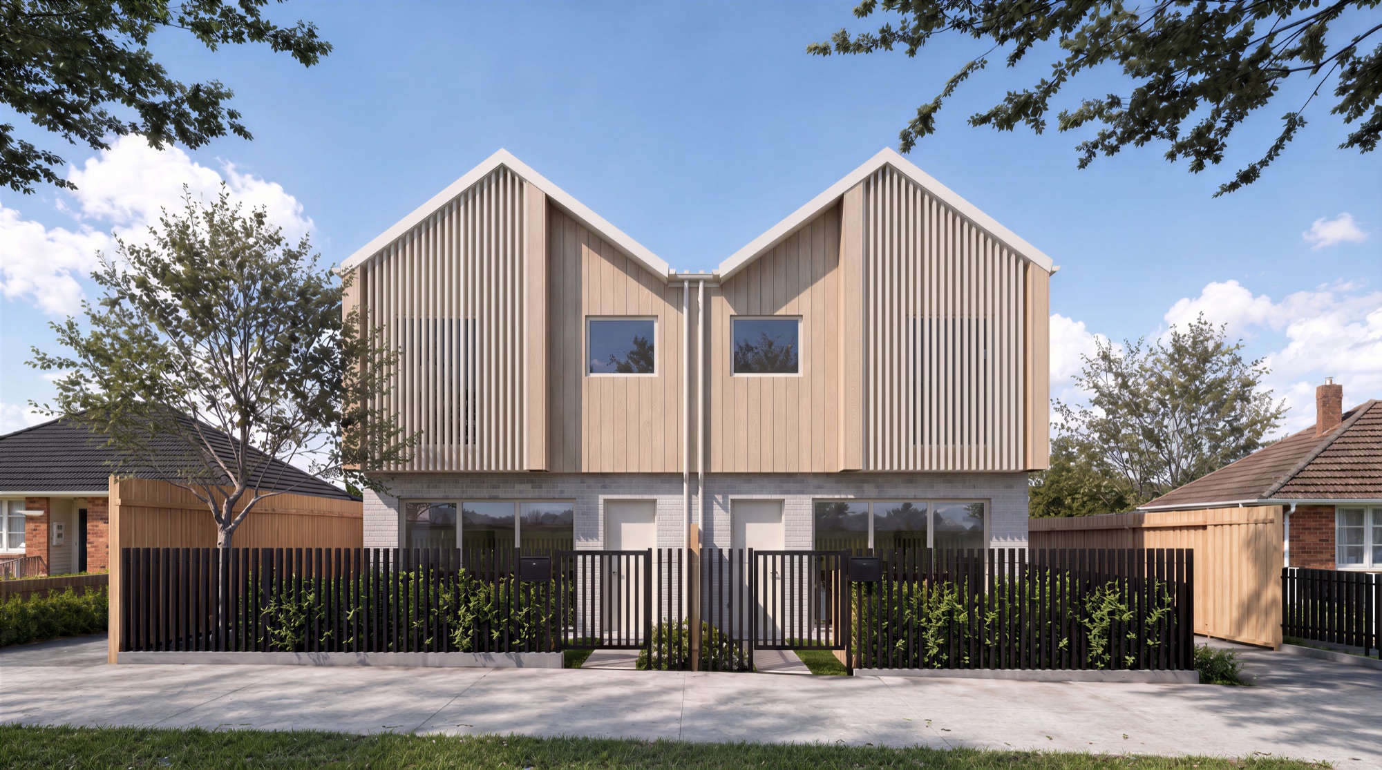 Photorealistic exterior render of the two gabled Heatherbank townhouses at the street frontage in Glen Innes by Render Works