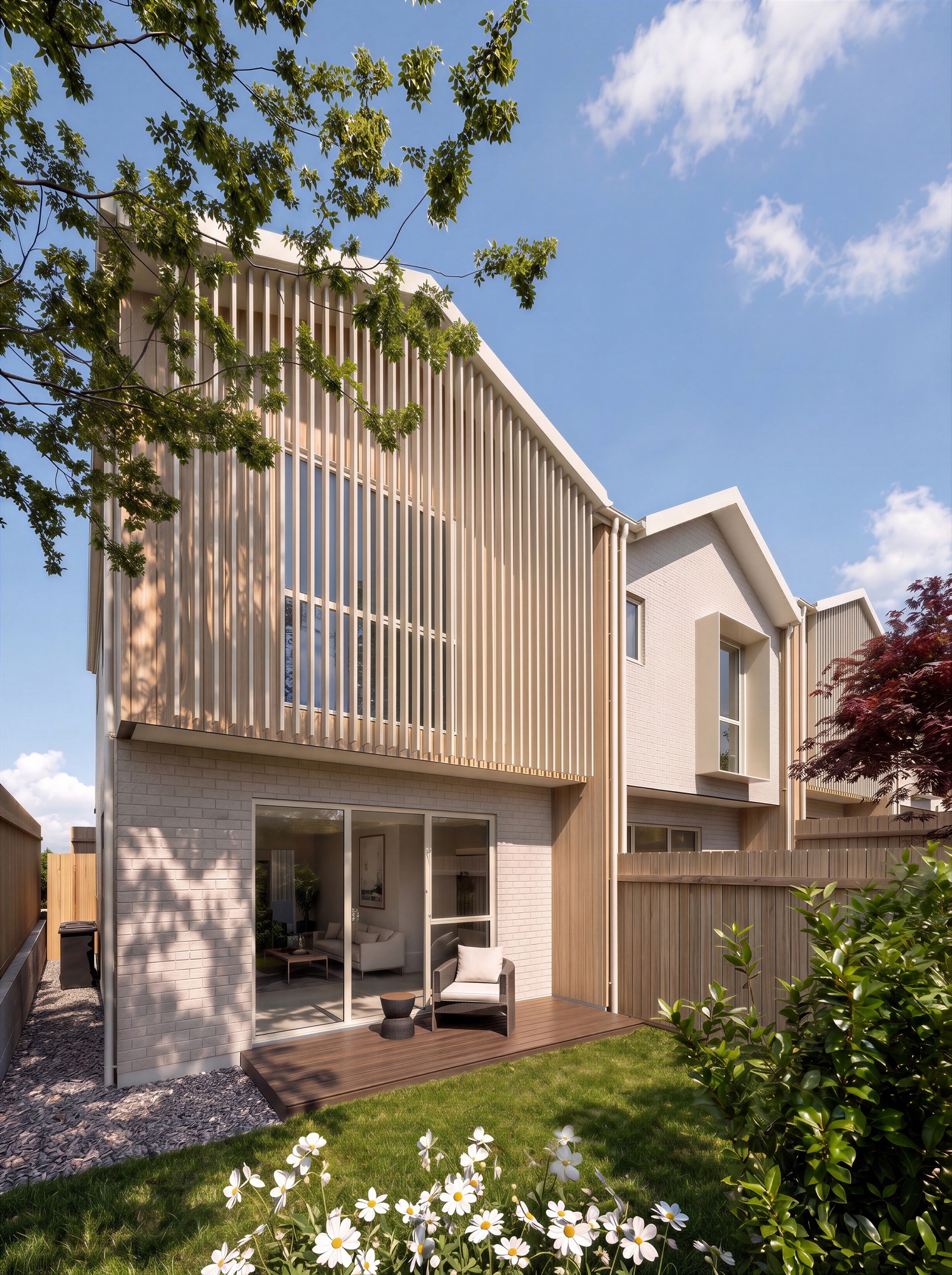 Photorealistic render of a private Heatherbank rear garden, deck and sliding doors by Render Works
