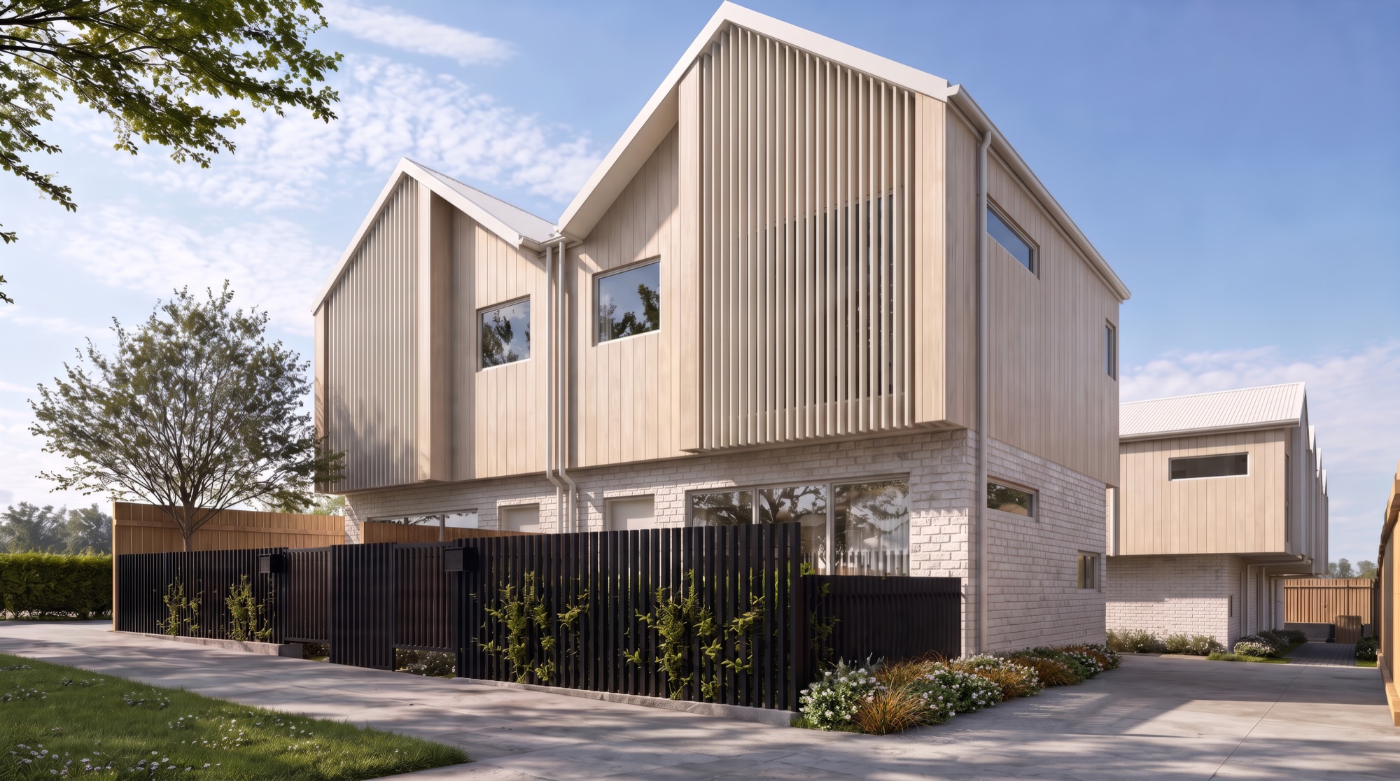 Photorealistic angled street render of the Heatherbank townhouses in Glen Innes with dark timber fencing by Render Works