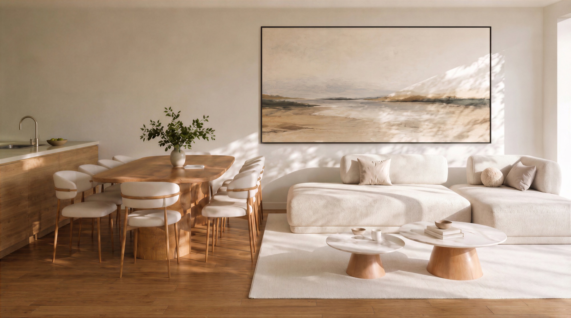 Photorealistic render of a Heatherbank open-plan living and dining space with timber floors by Render Works