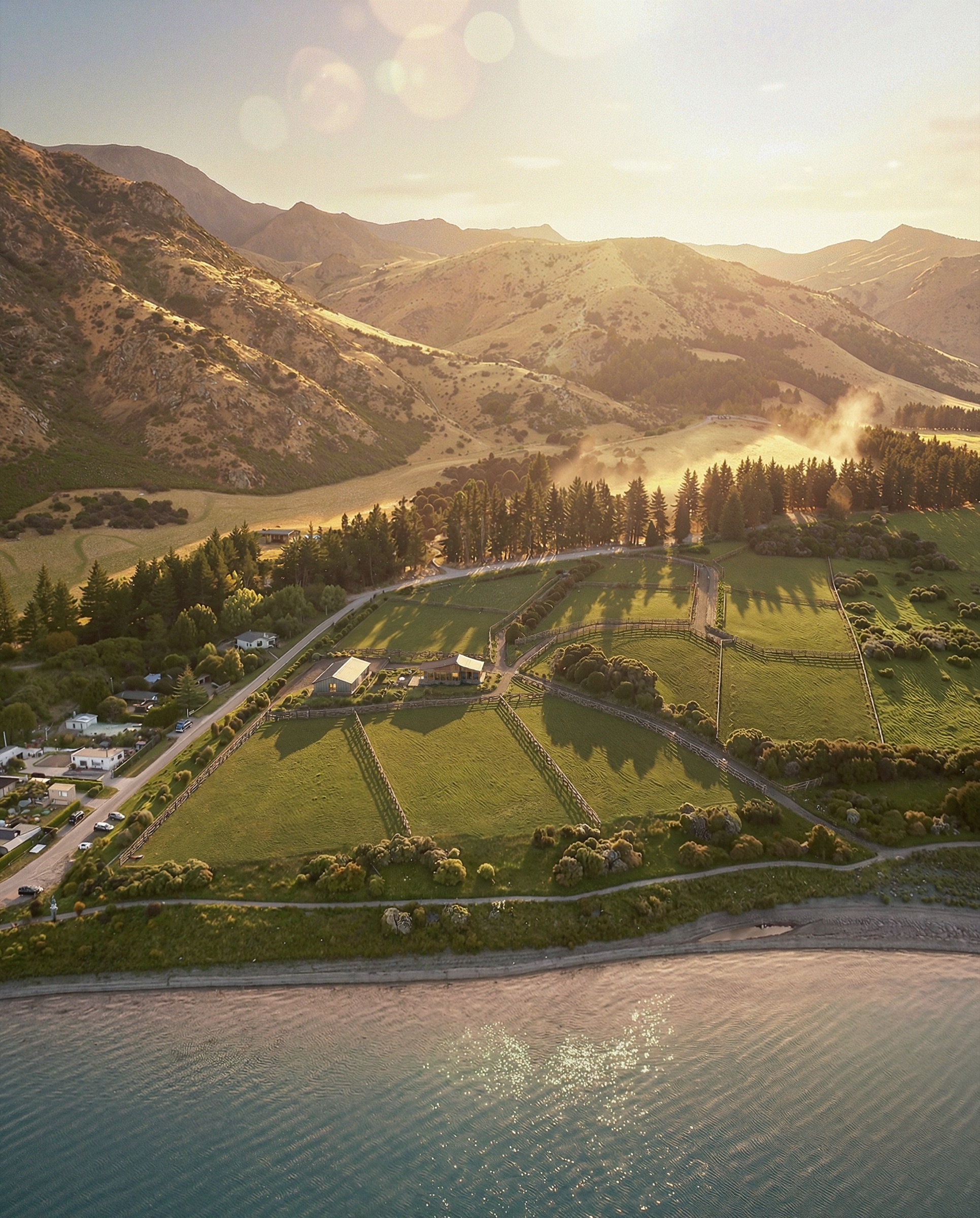 Aerial masterplan render of the Kōroto lakeside development at Lake Hāwea, Otago, showing the lots against the water