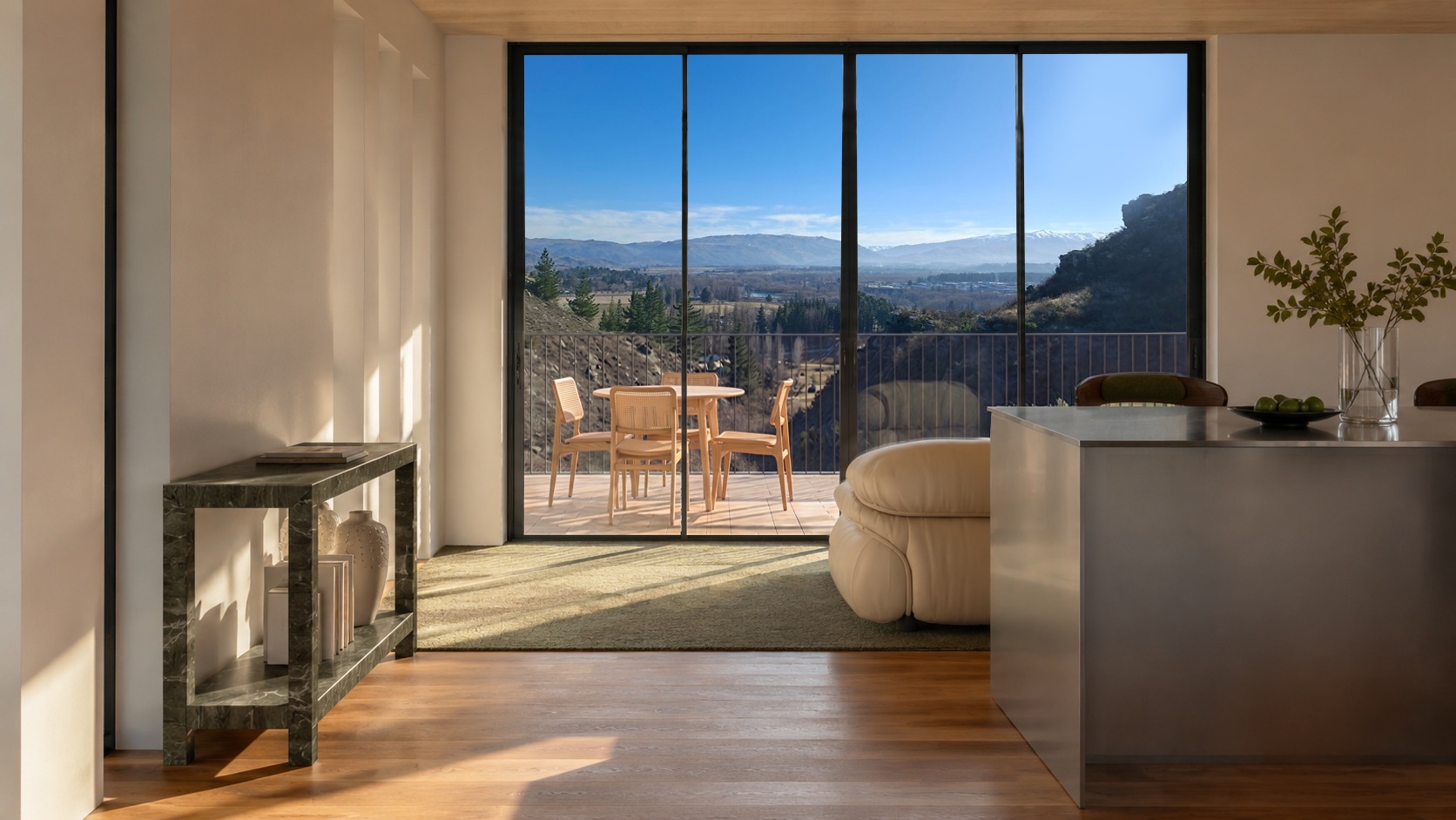Photorealistic render of the Lanes Road kitchen and dining area looking out to the deck and valley by Render Works