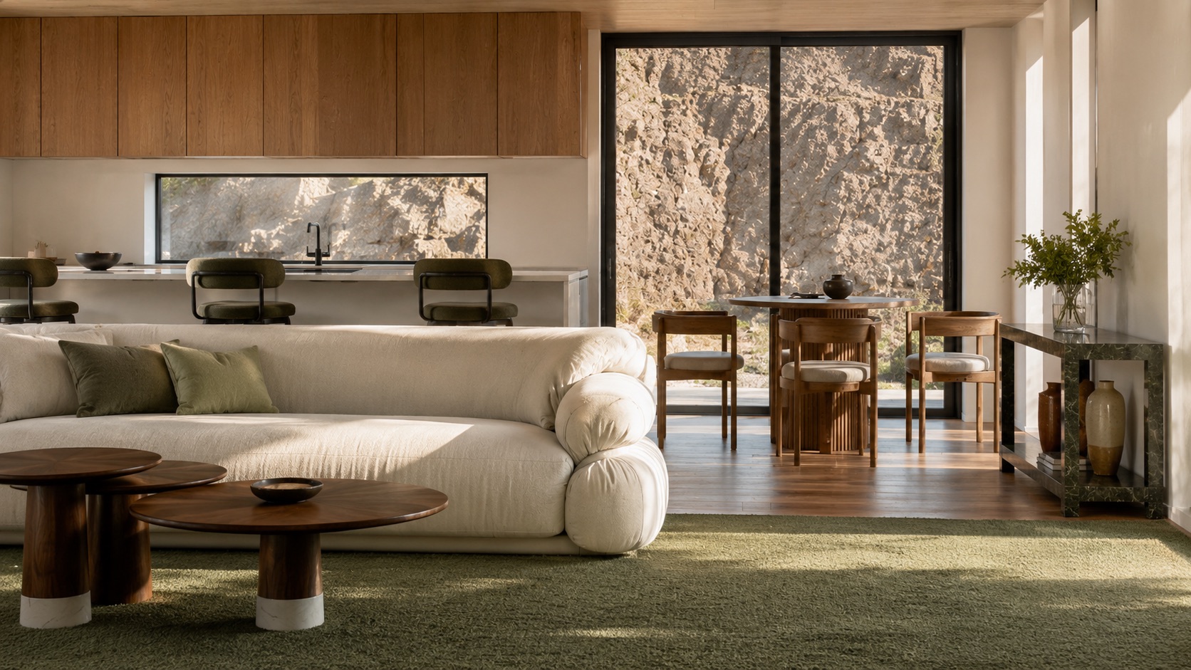 Photorealistic render of the Lanes Road lounge with sage green carpet and a rear slider to the rock face by Render Works