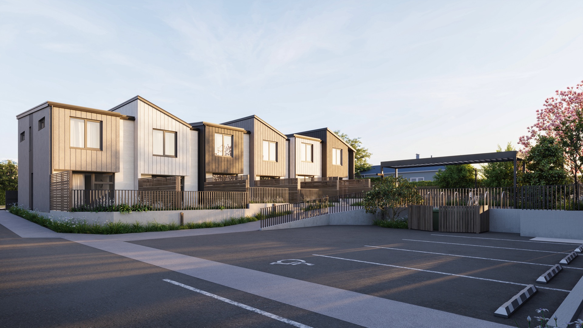 Exterior render of the Lemon Street townhouses showing the exposed-aggregate concrete driveway, by Render Works