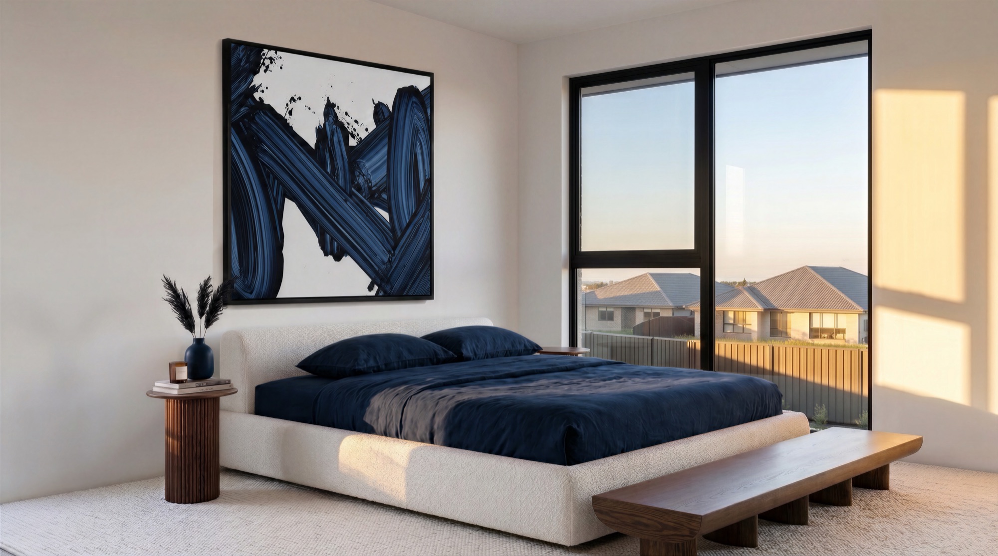 Photorealistic render of a Ludlow Terrace bedroom with navy bedding in late afternoon light by Render Works
