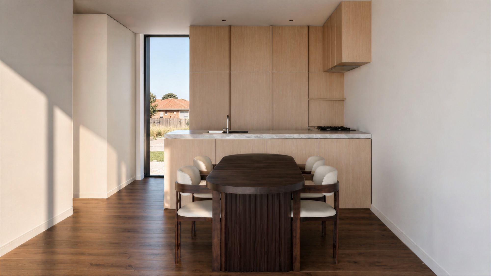 Photorealistic render of a Ludlow Terrace kitchen with oak cabinetry and dark timber dining table by Render Works