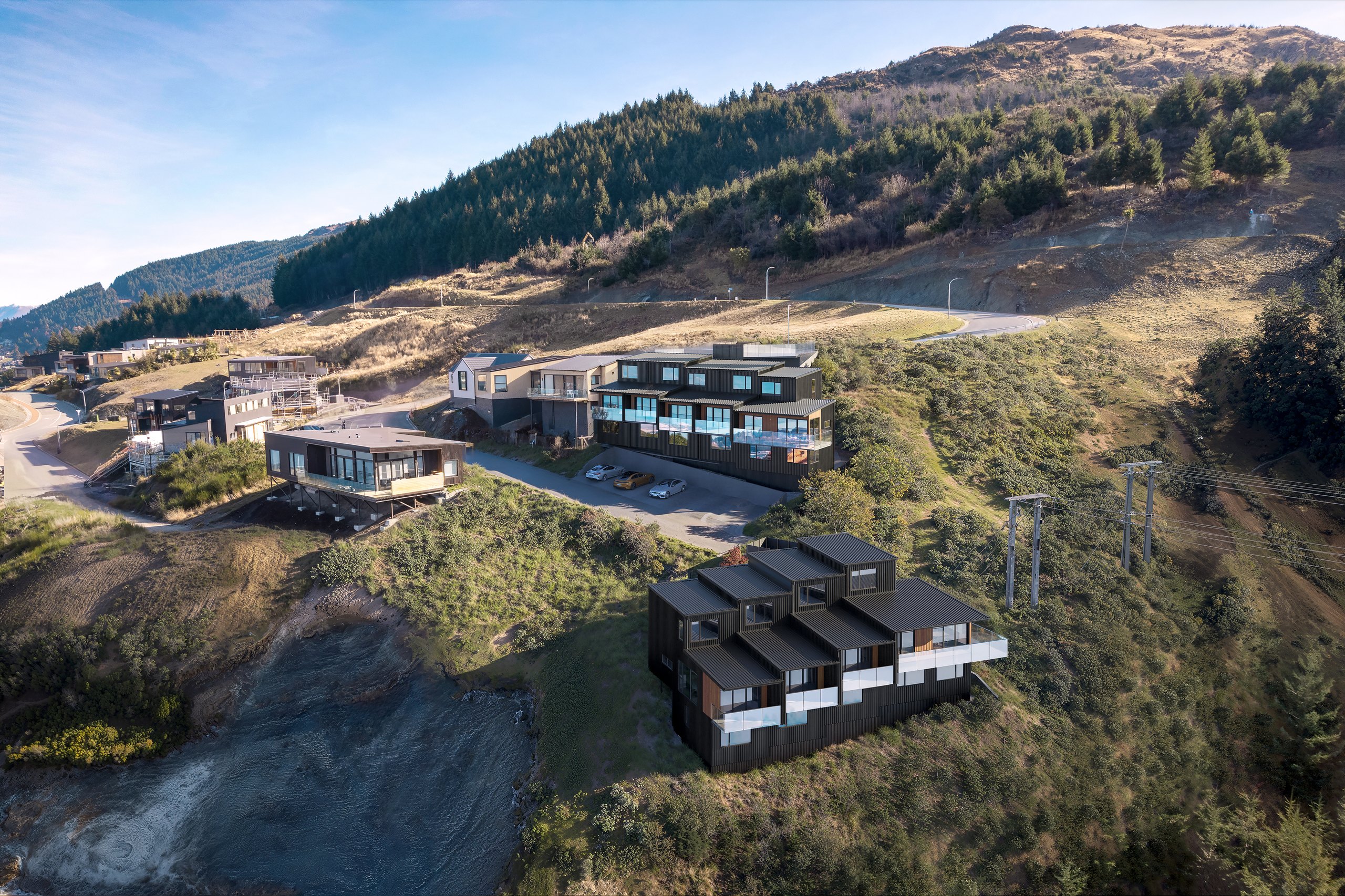 Photorealistic aerial render of both Middleton terraces on the hillside above Frankton by Render Works