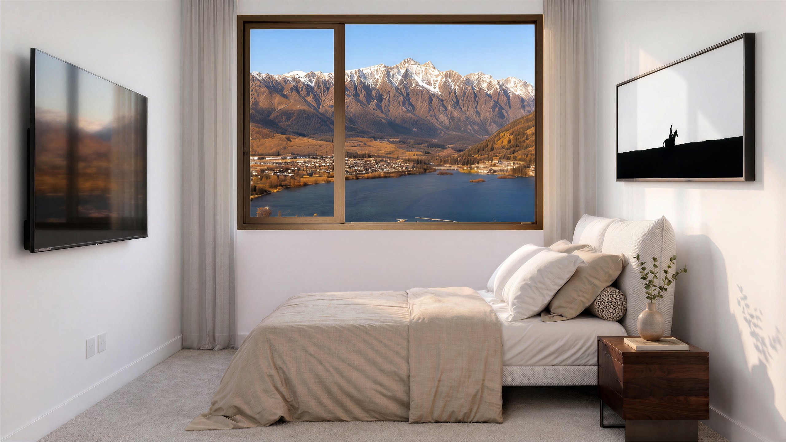 Photorealistic render of a Type A Middleton main bedroom framing The Remarkables by Render Works