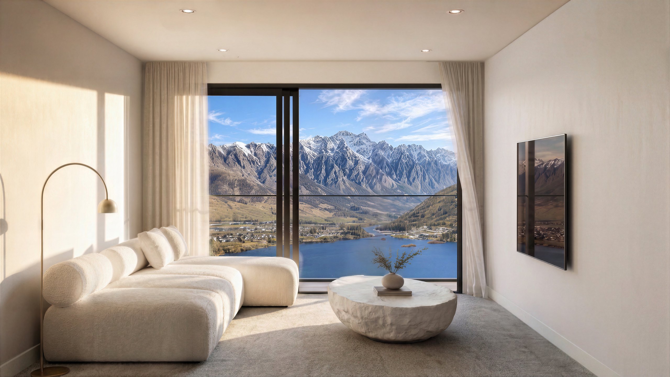 Photorealistic render of a Type B Middleton lounge with a full-height slider to The Remarkables by Render Works