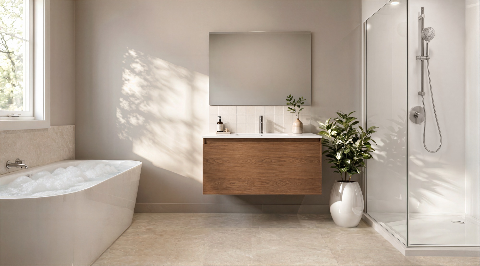 Photorealistic interior render of a Queenwood Property bathroom with freestanding bath and walnut vanity by Render Works