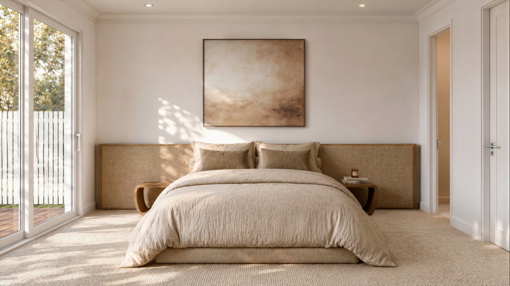 Photorealistic interior render of a Queenwood Property main bedroom with upholstered headboard wall by Render Works
