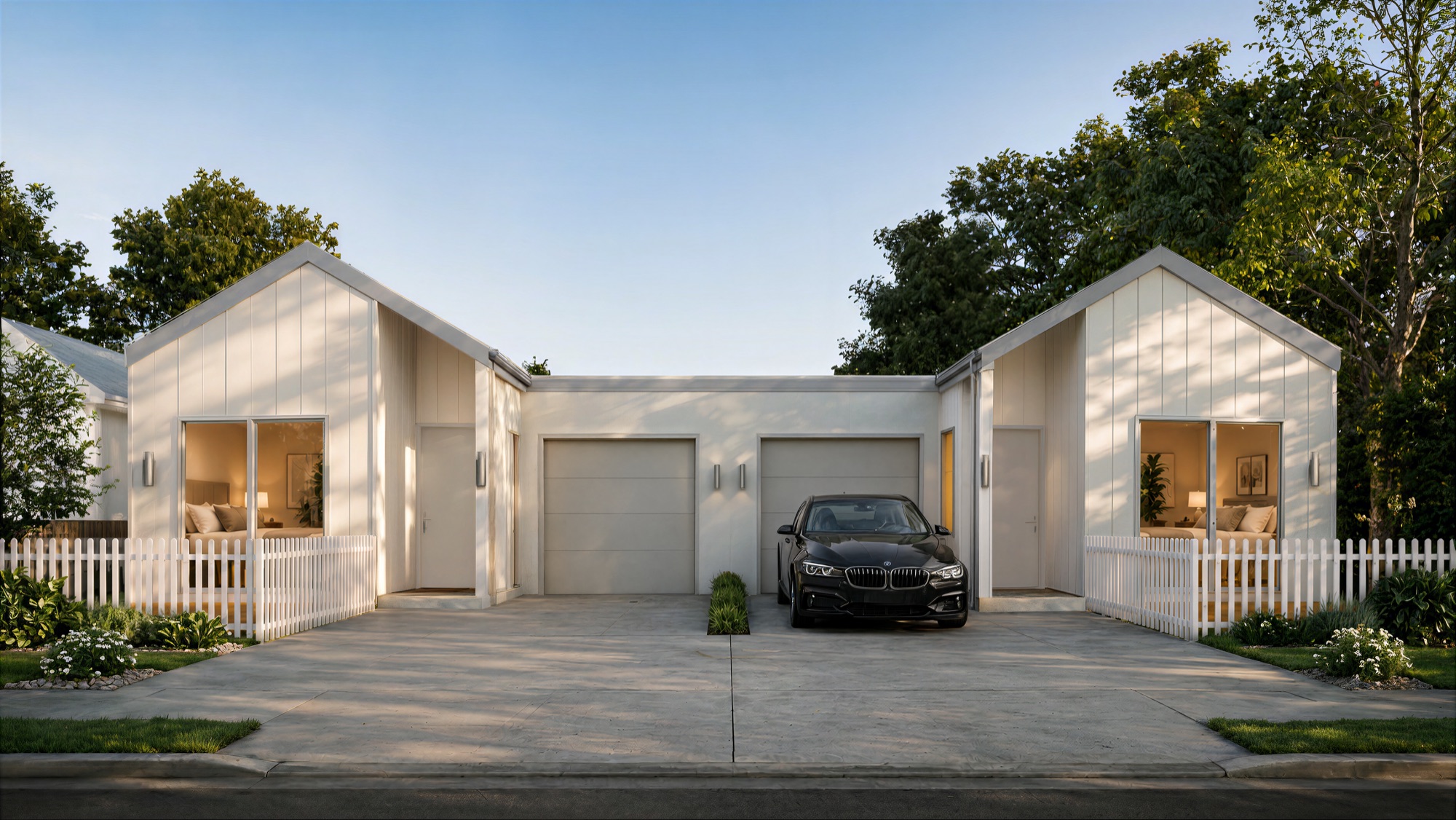 Photorealistic exterior render of two Queenwood Property homes with a shared driveway and single garages by Render Works