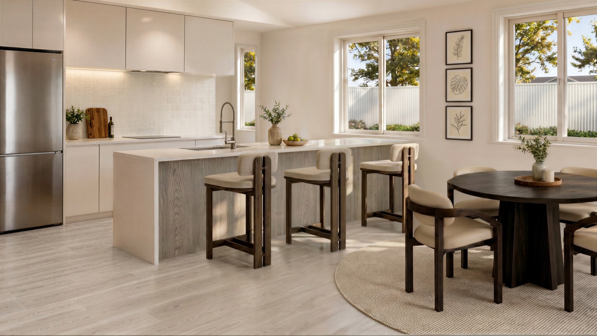 Photorealistic interior render of a Queenwood Property kitchen with stone island bench and round dining table by Render Works