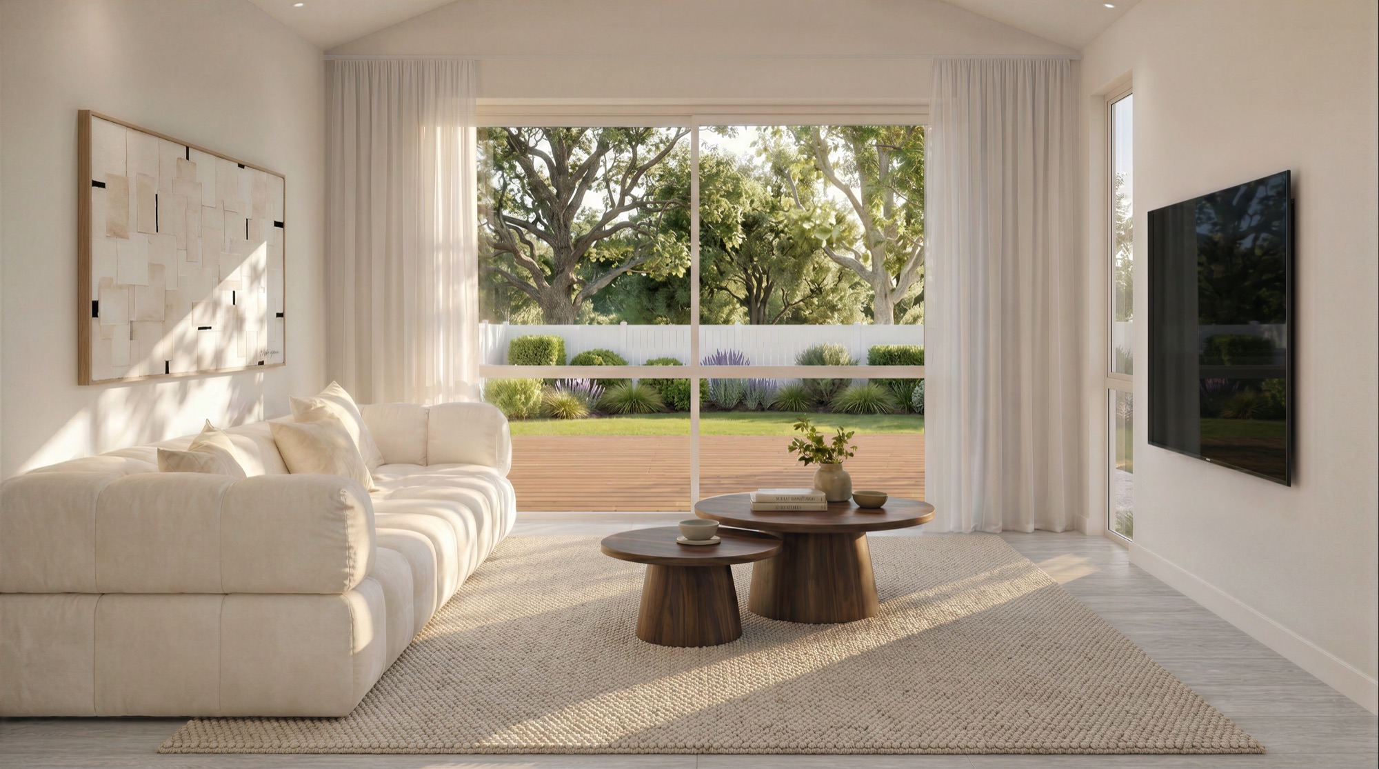 Photorealistic interior render of a Queenwood Property living room opening to a timber deck and fenced garden by Render Works