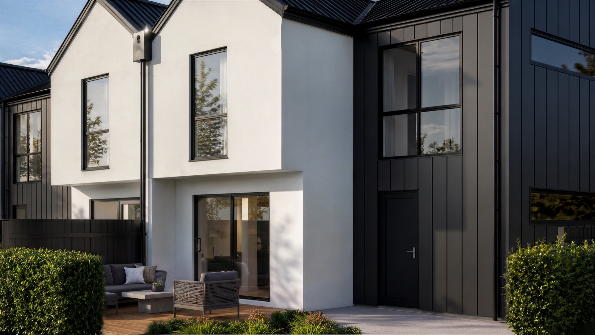 Photorealistic render of a Rogers Street rear patio with outdoor furniture and hedging by Render Works