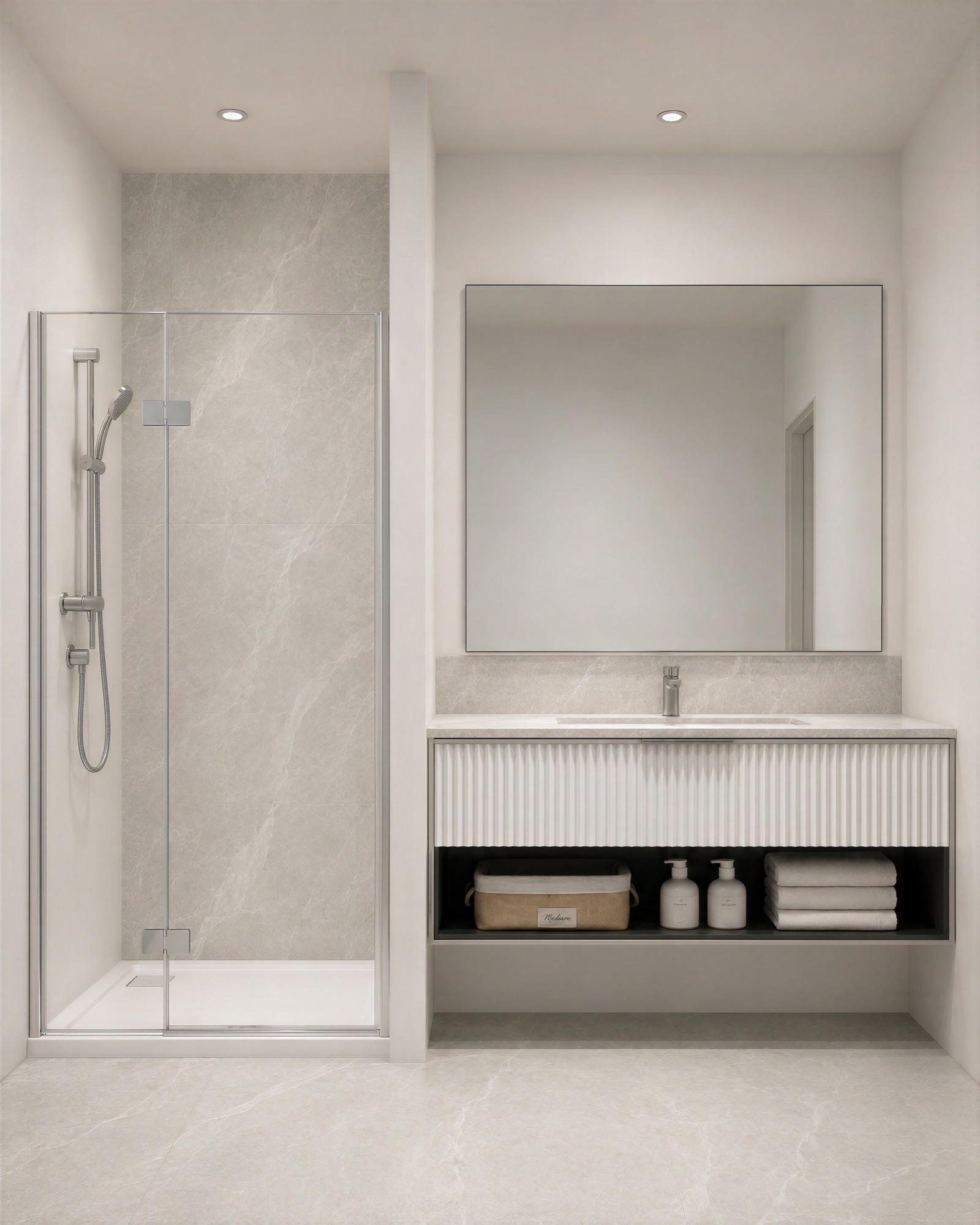 Photorealistic render of a Rogers Street bathroom with frameless shower and fluted vanity by Render Works