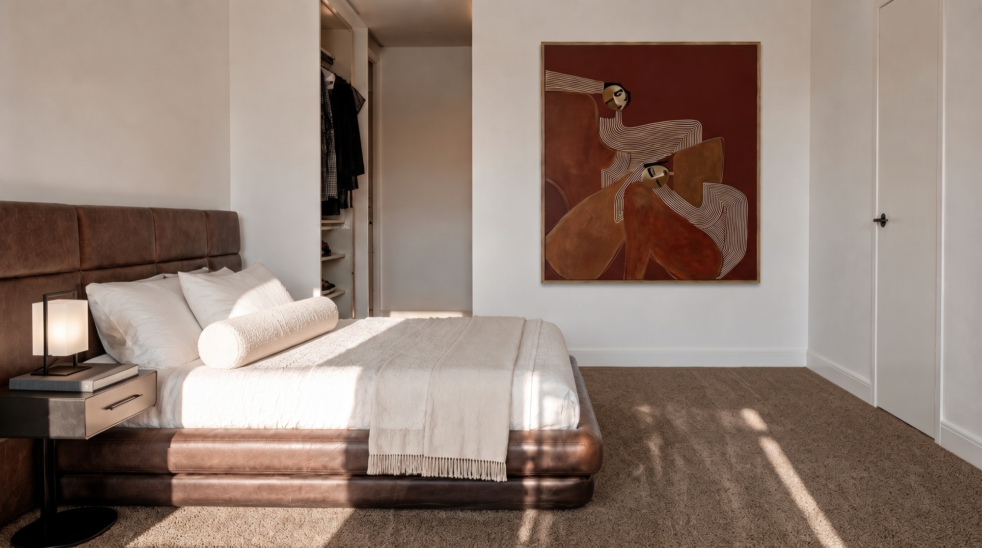Photorealistic render of a carpeted Rogers Street bedroom with a leather bed by Render Works