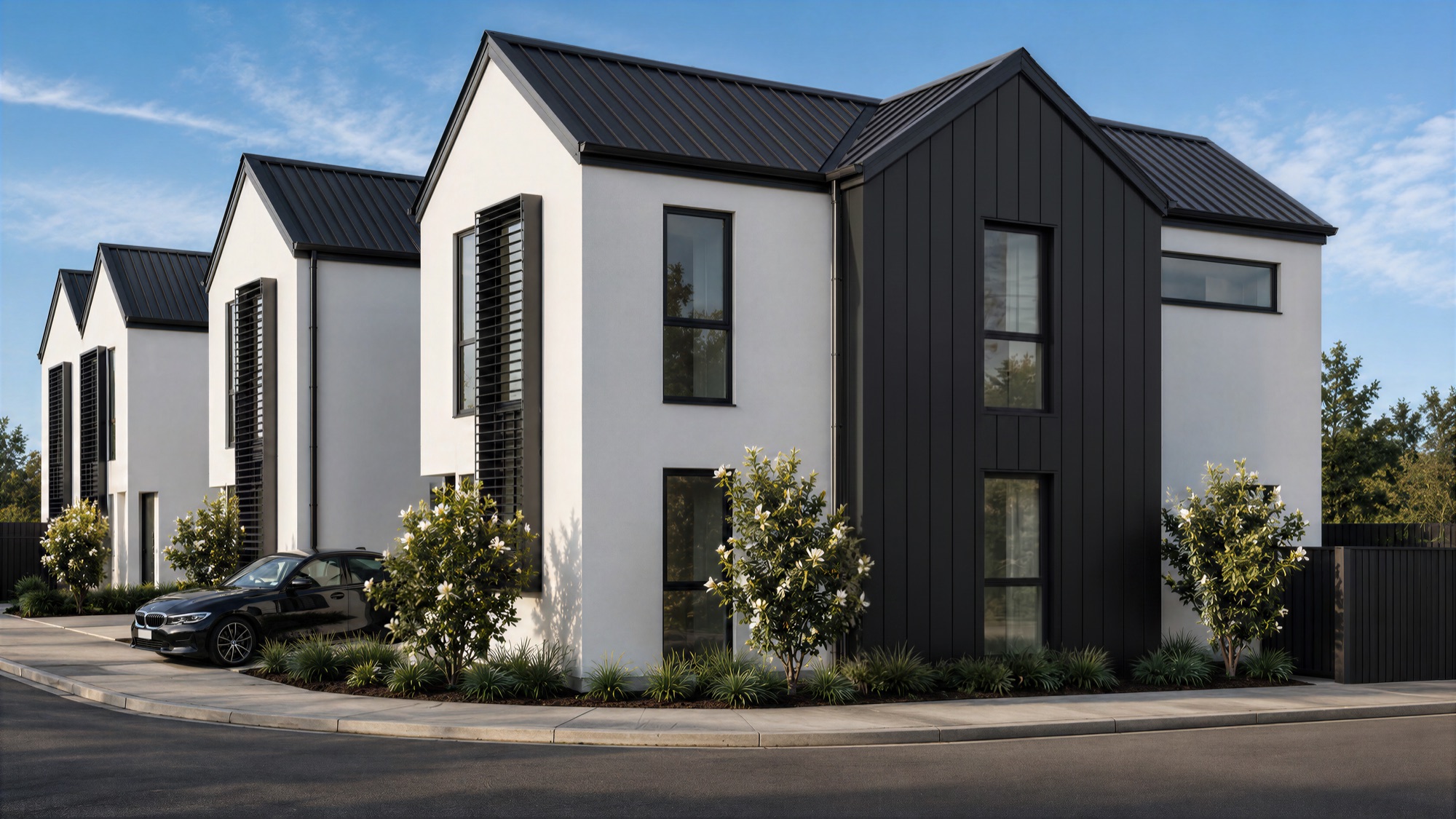 Photorealistic corner render of the Rogers Street townhouses with white panel gables and dark vertical cladding by Render Works